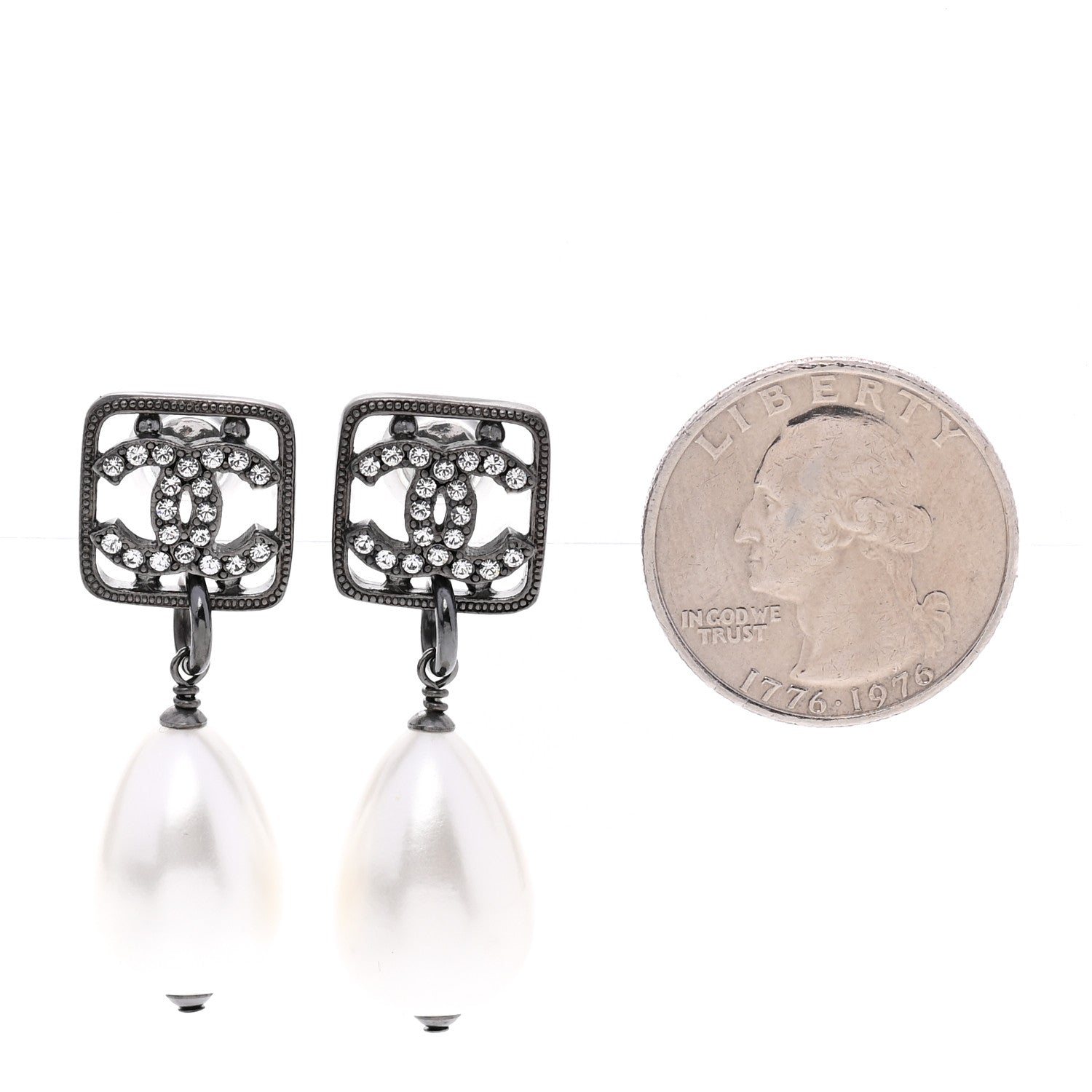 Chanel Ruthenium Crystal Pearl CC Square Drop Earrings Pearly White 2 of 4