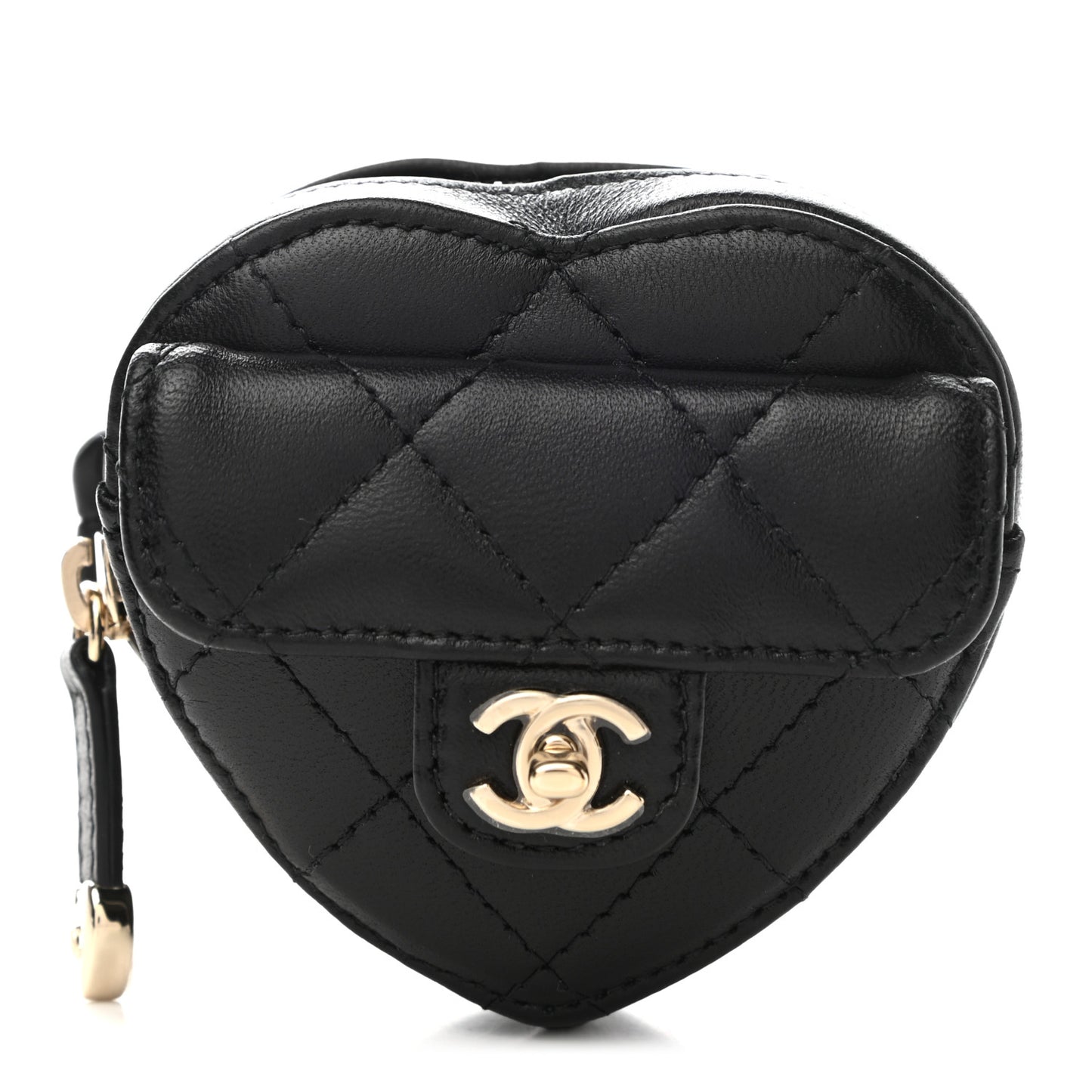 Lambskin Quilted CC In Love Heart Zipped Arm Coin Purse Black