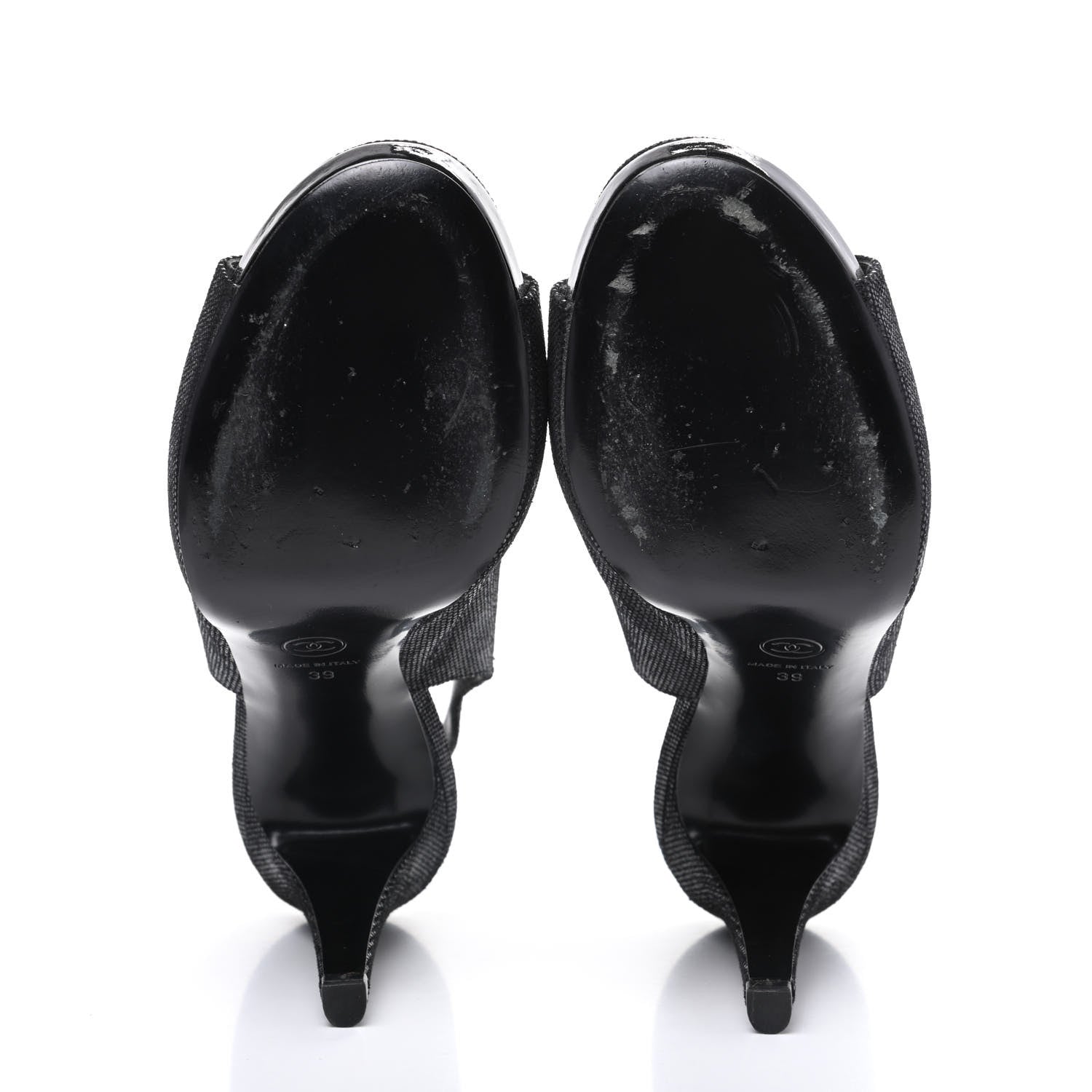 Chanel Shimmer Fabric Peep Toe Slingback Pumps 39 Black 7 of 20