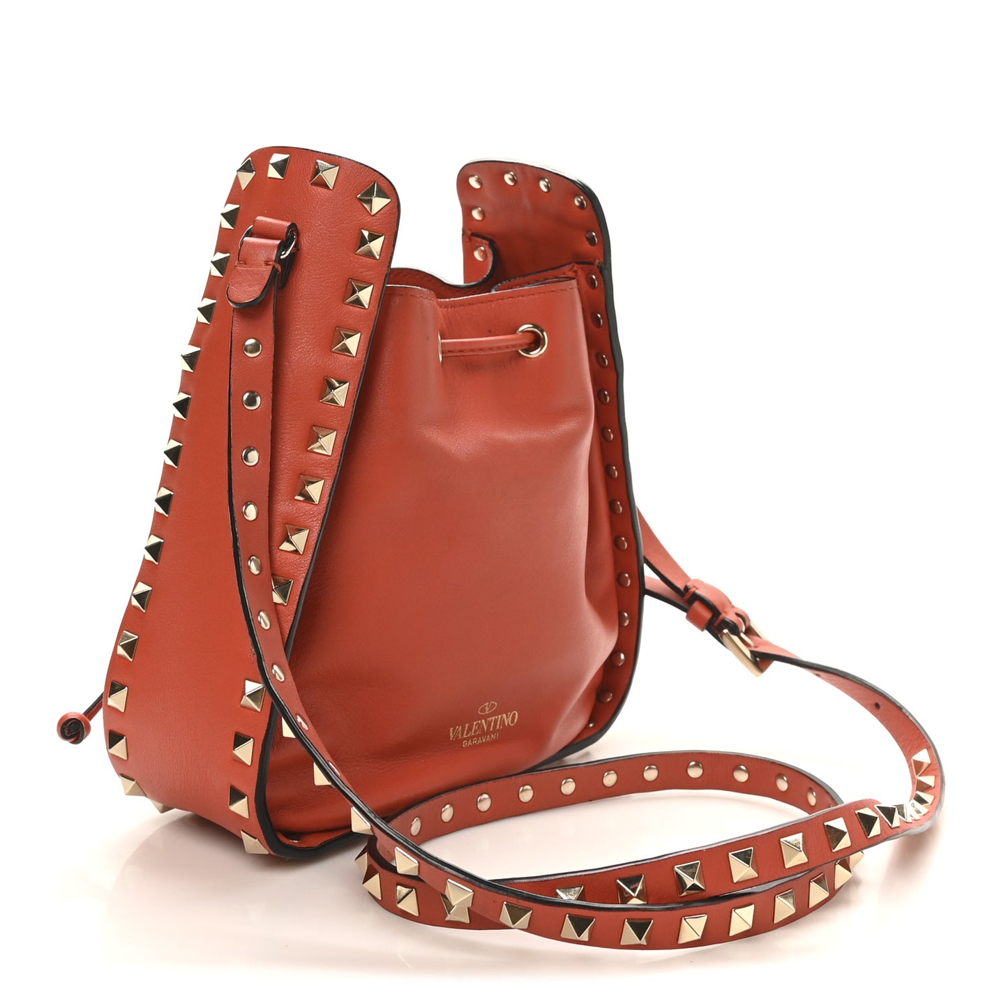 Grained Calfskin Rockstud Bucket Bag Orange