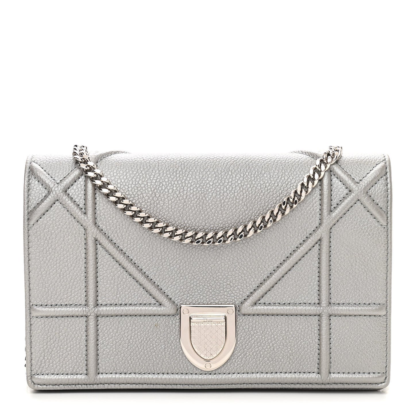 Metallic Grained Calfskin Diorama Wallet on Chain Pouch Silver