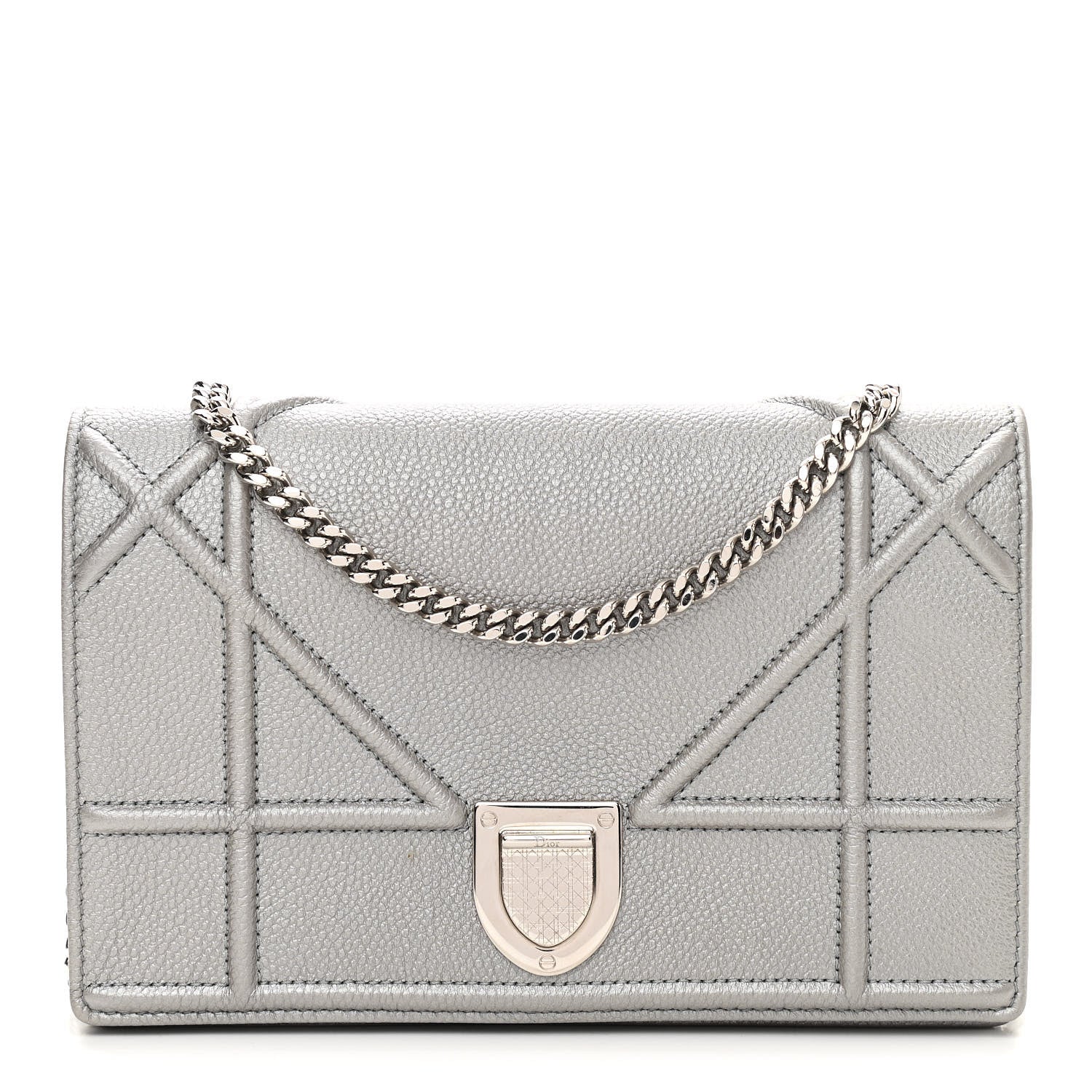 Christian Dior Metallic Grained Calfskin Diorama Wallet on Chain Pouch Silver 1 of 11