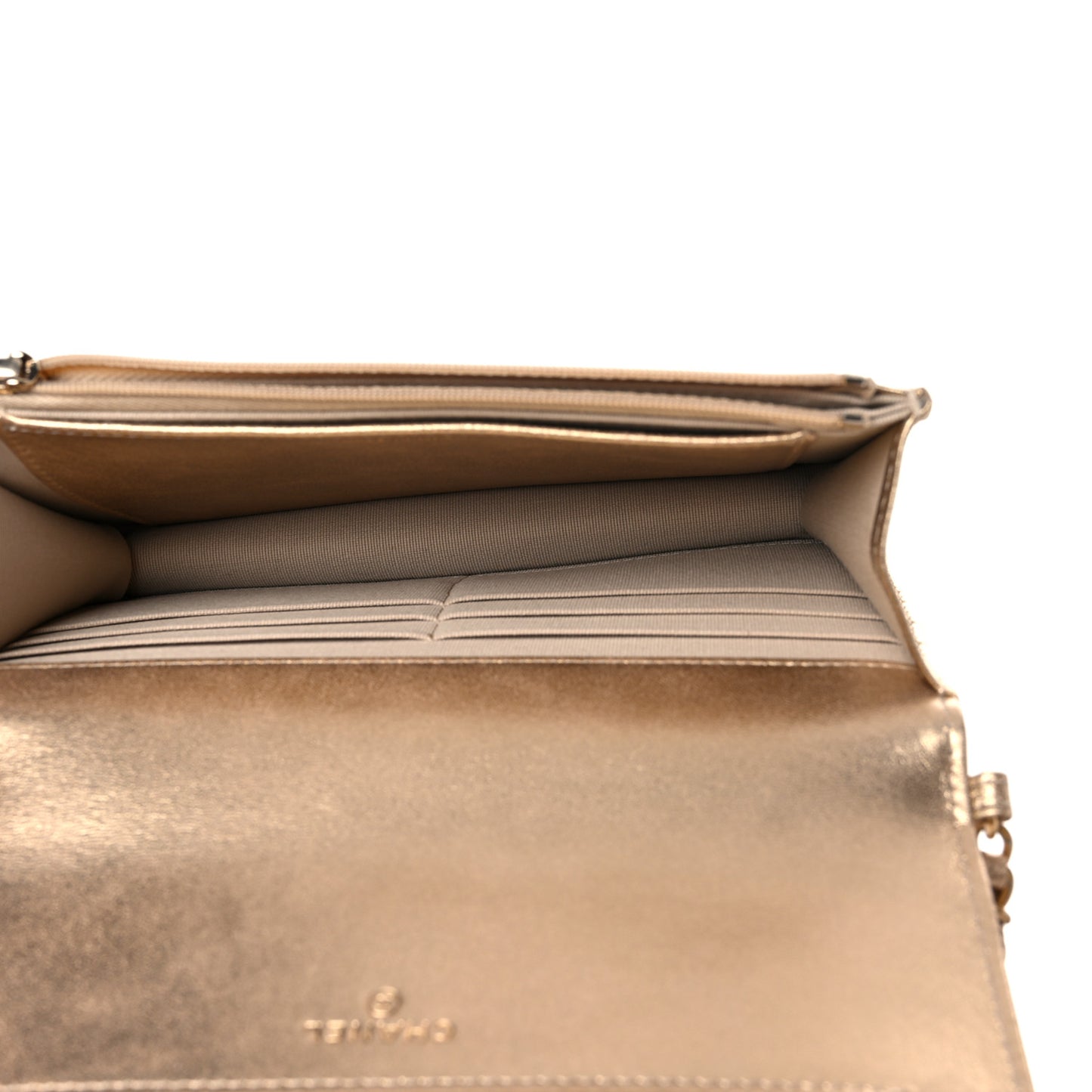 Metallic Lambskin Quilted Wallet On Chain WOC Gold