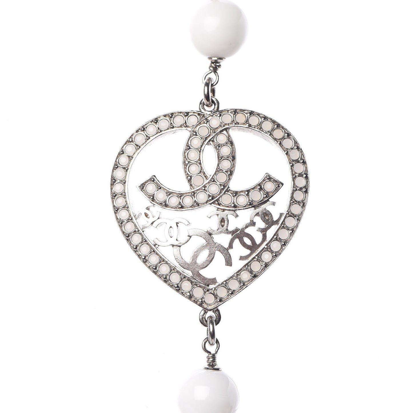 Bead Heart CC Long Necklace White Silver