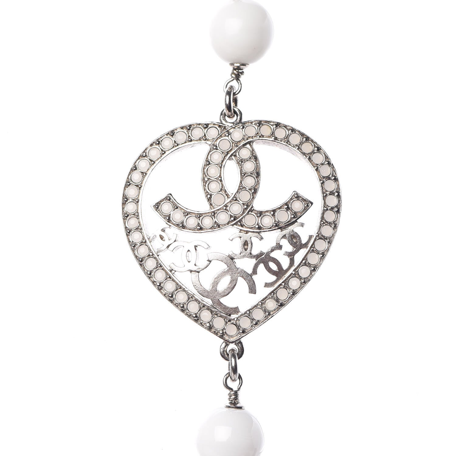 Chanel Bead Heart CC Long Necklace White Silver 4 of 9