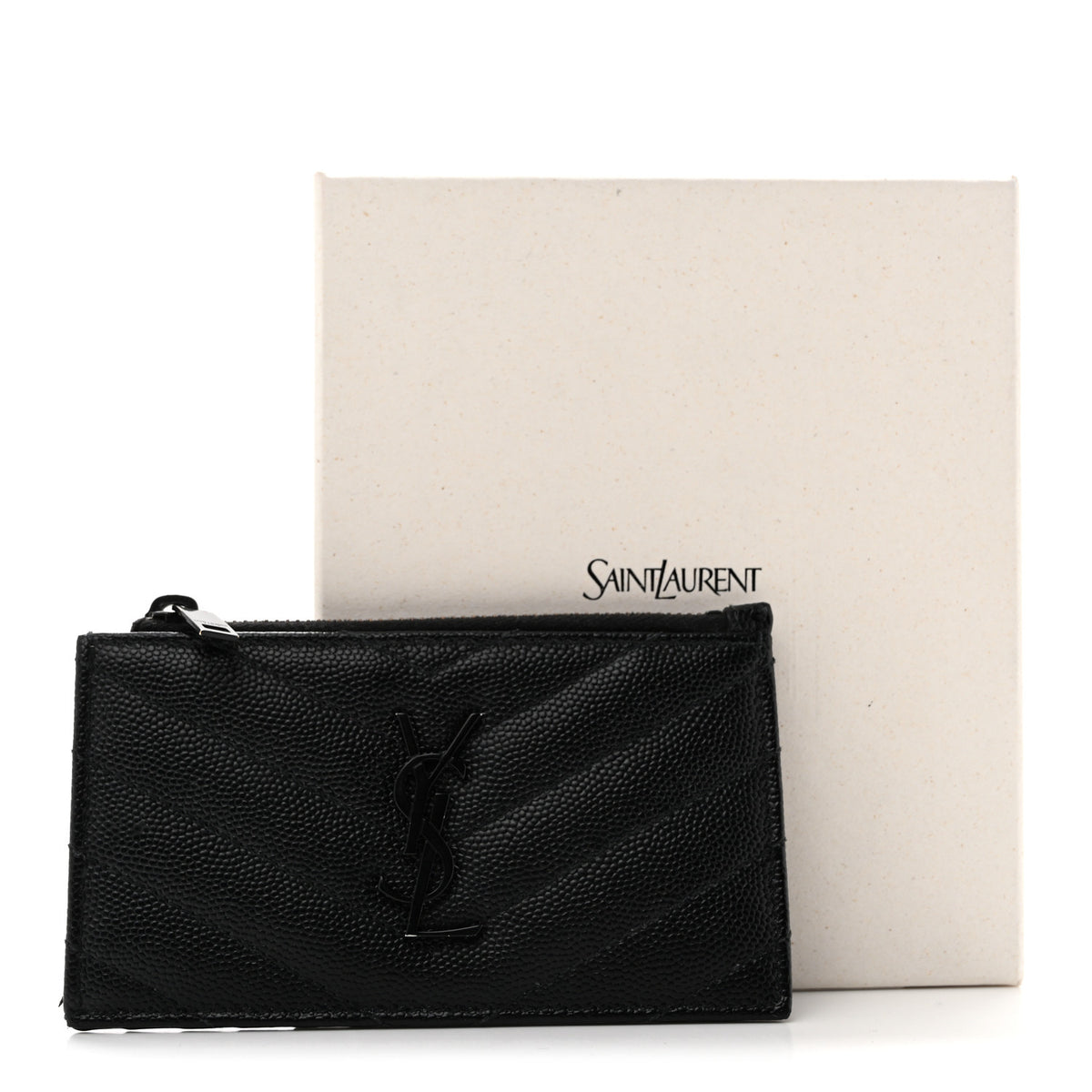 Saint Laurent Grain De Poudre Matelasse Chevron Monochrome Fragments Zippered Card Case Black 11 of 11