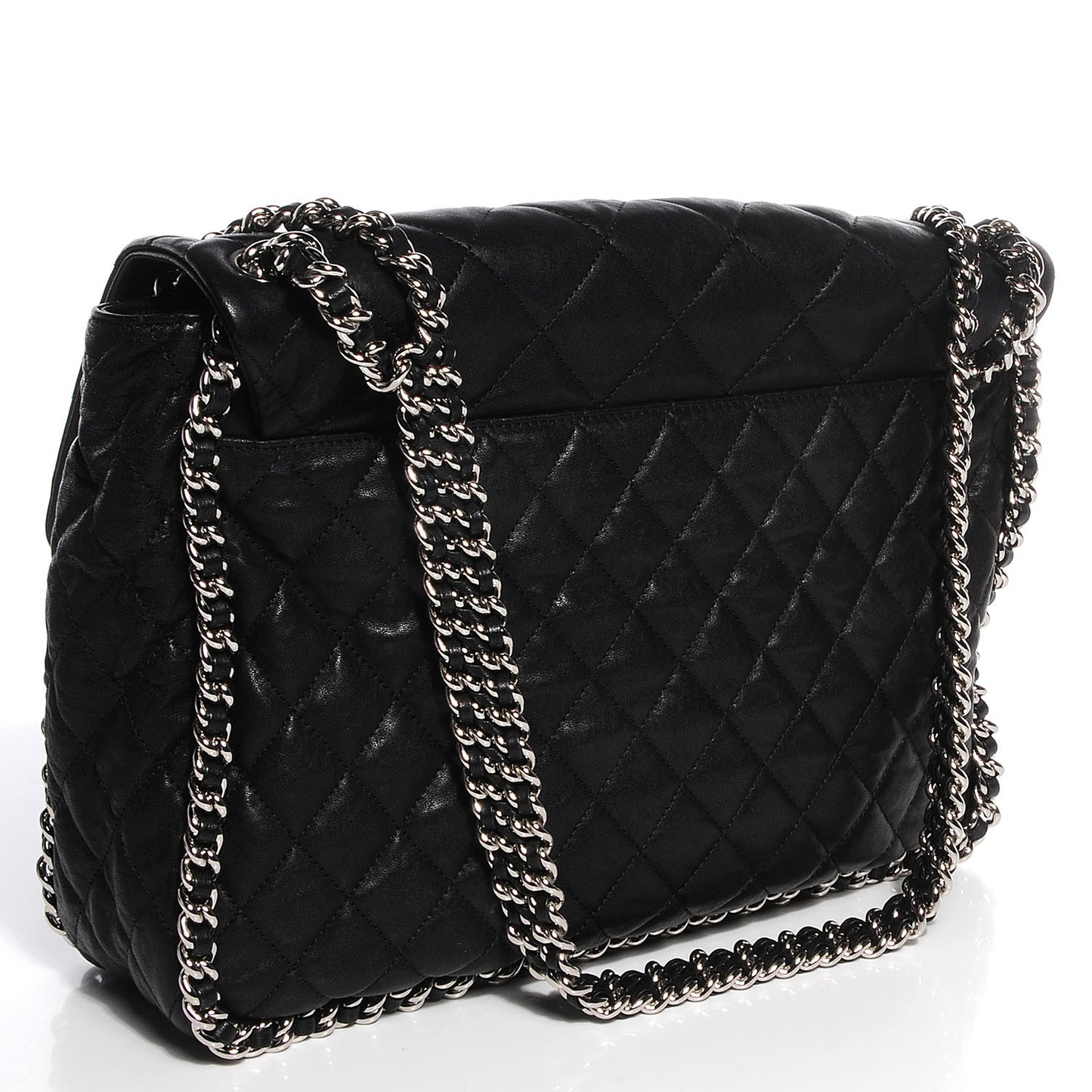 Crumpled Lambskin Chain Around Maxi Flap Bag Black