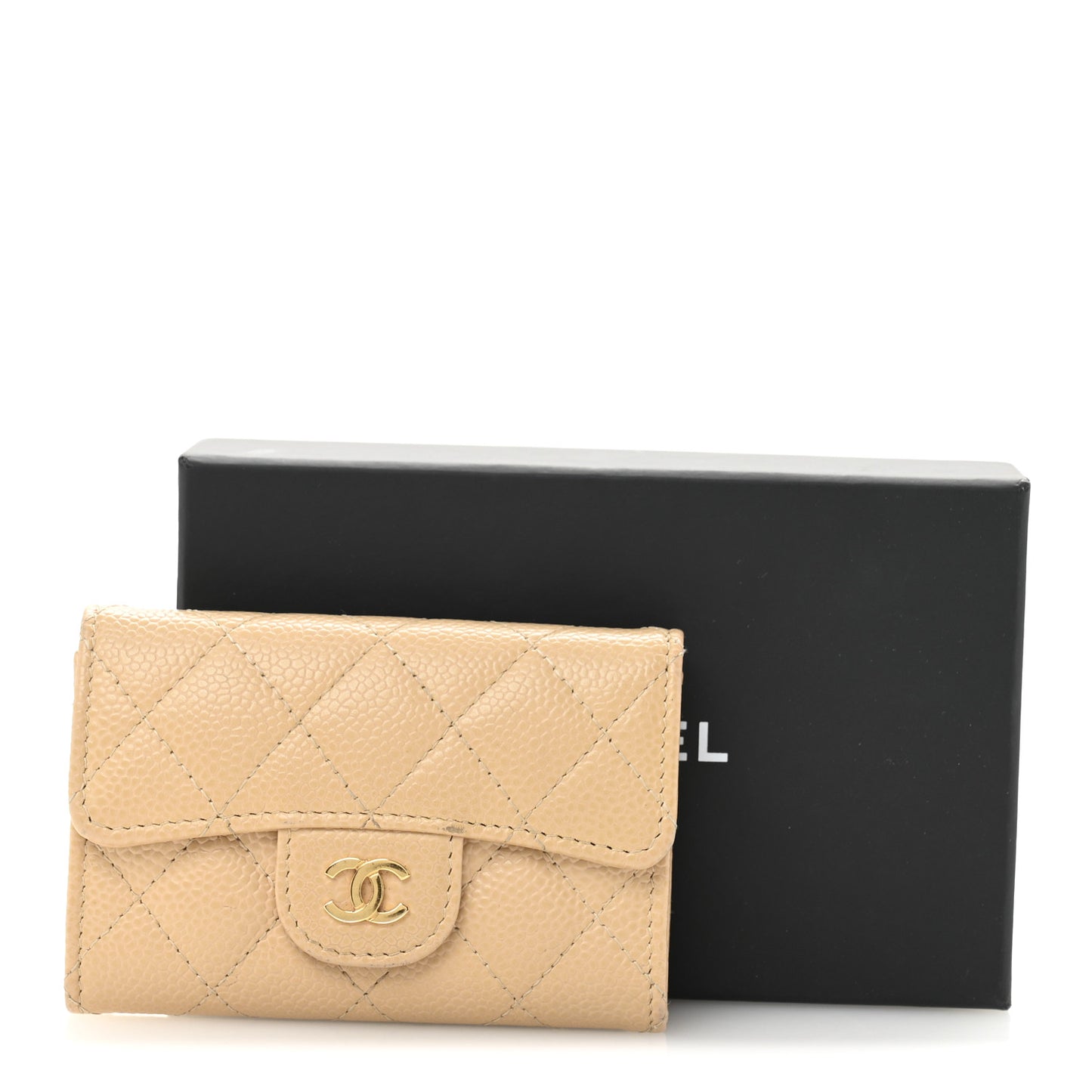 Caviar Quilted Flap Card Holder Wallet Beige