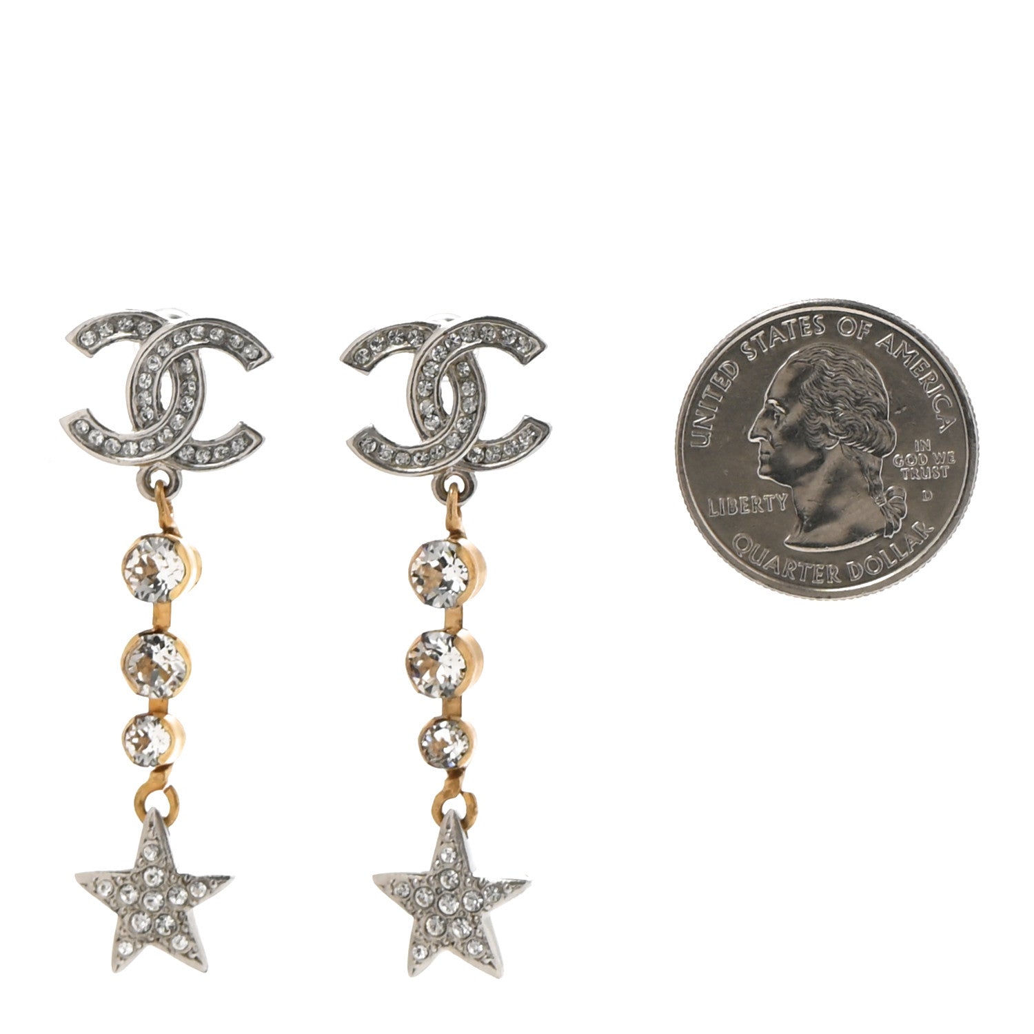 Chanel Crystal Star Drop CC Earrings Silver Gold 2 of 5