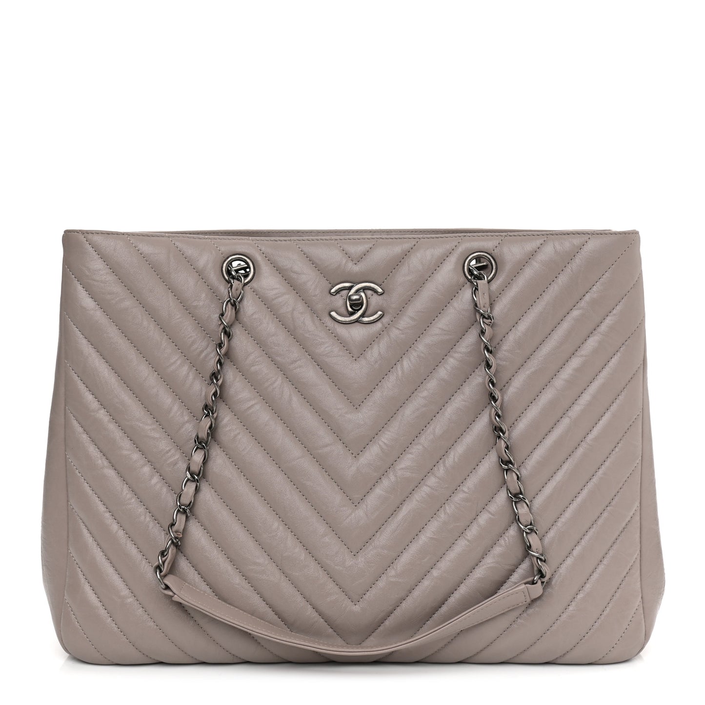 Aged Calfskin Chevron Quilted Large Classic Shopping Tote Grey