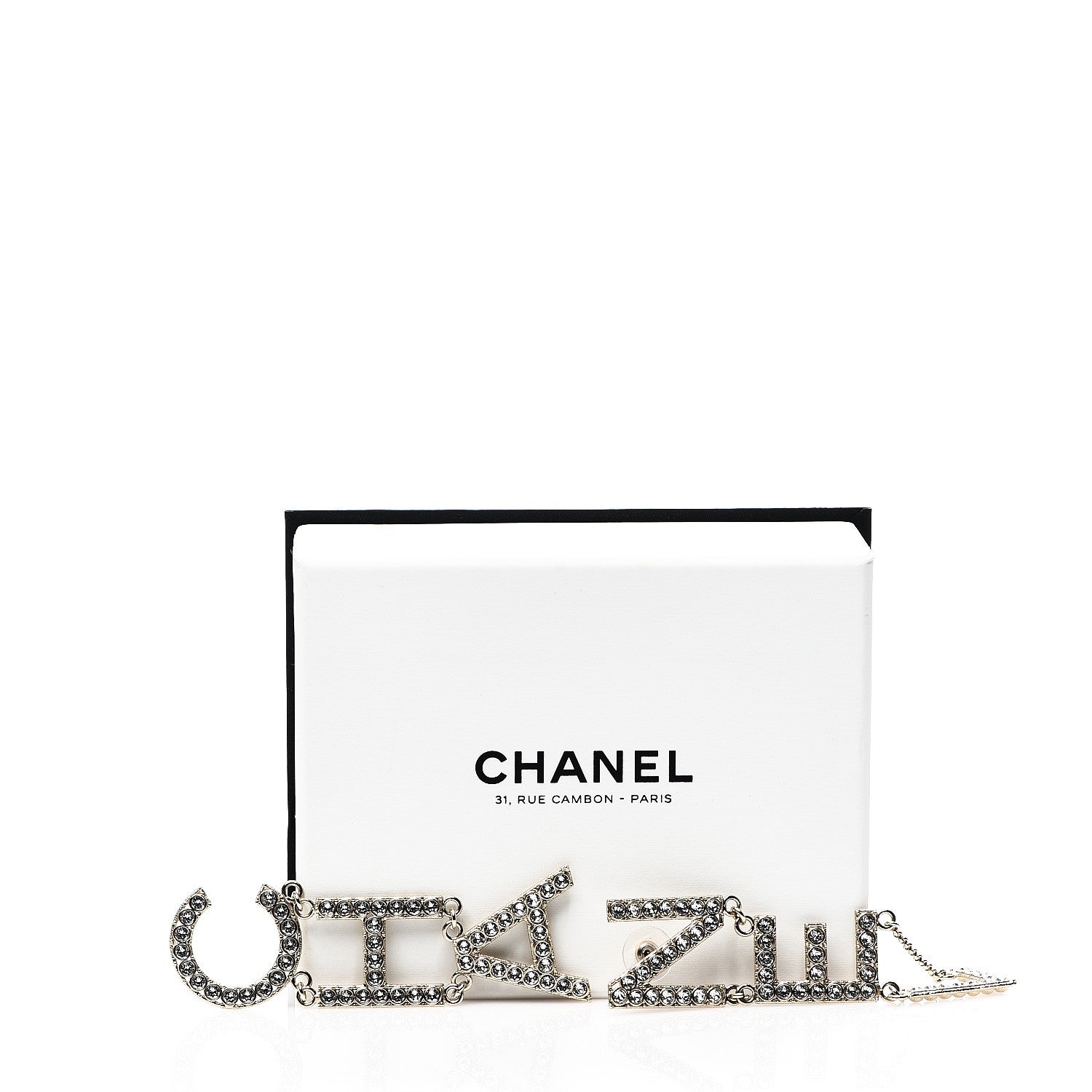 Chanel Crystal Cha-Nel Logo Drop Earrings Gold 5 of 5