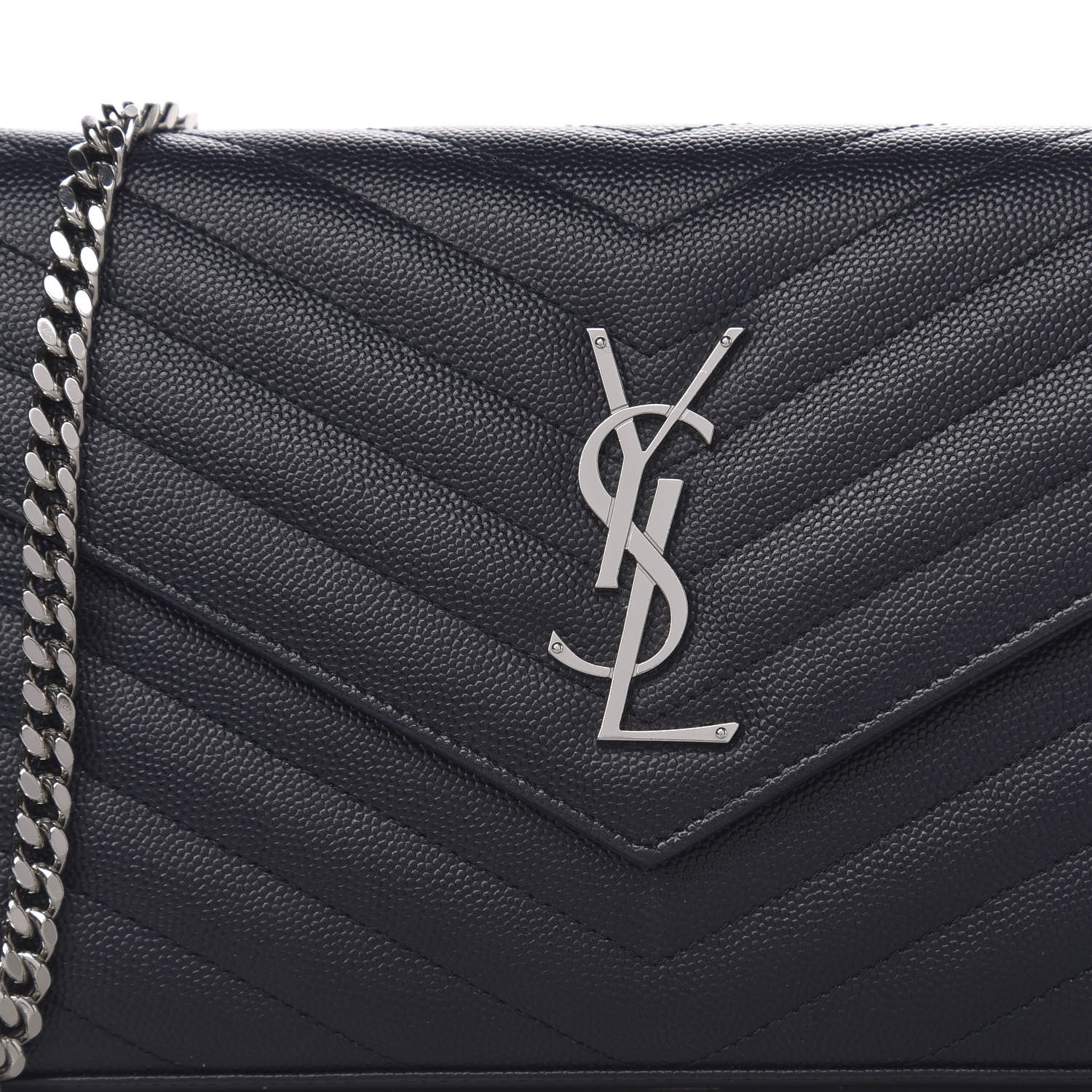 Saint Laurent Grain De Poudre Matelasse Chevron Monogram Chain Wallet Deep Marine 9 of 10