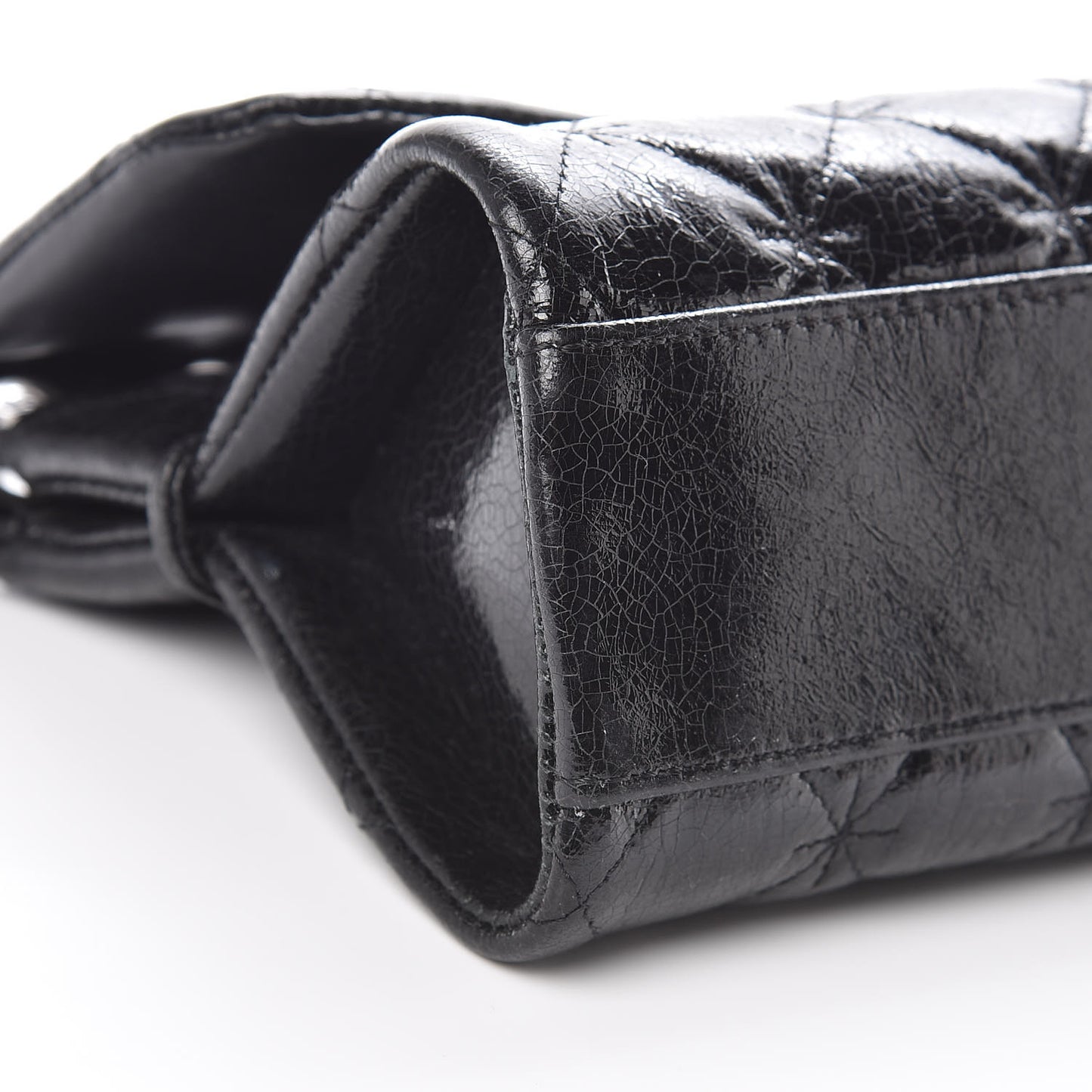 Glazed Crackled Calfskin Quilted Mademoiselle Flap Black