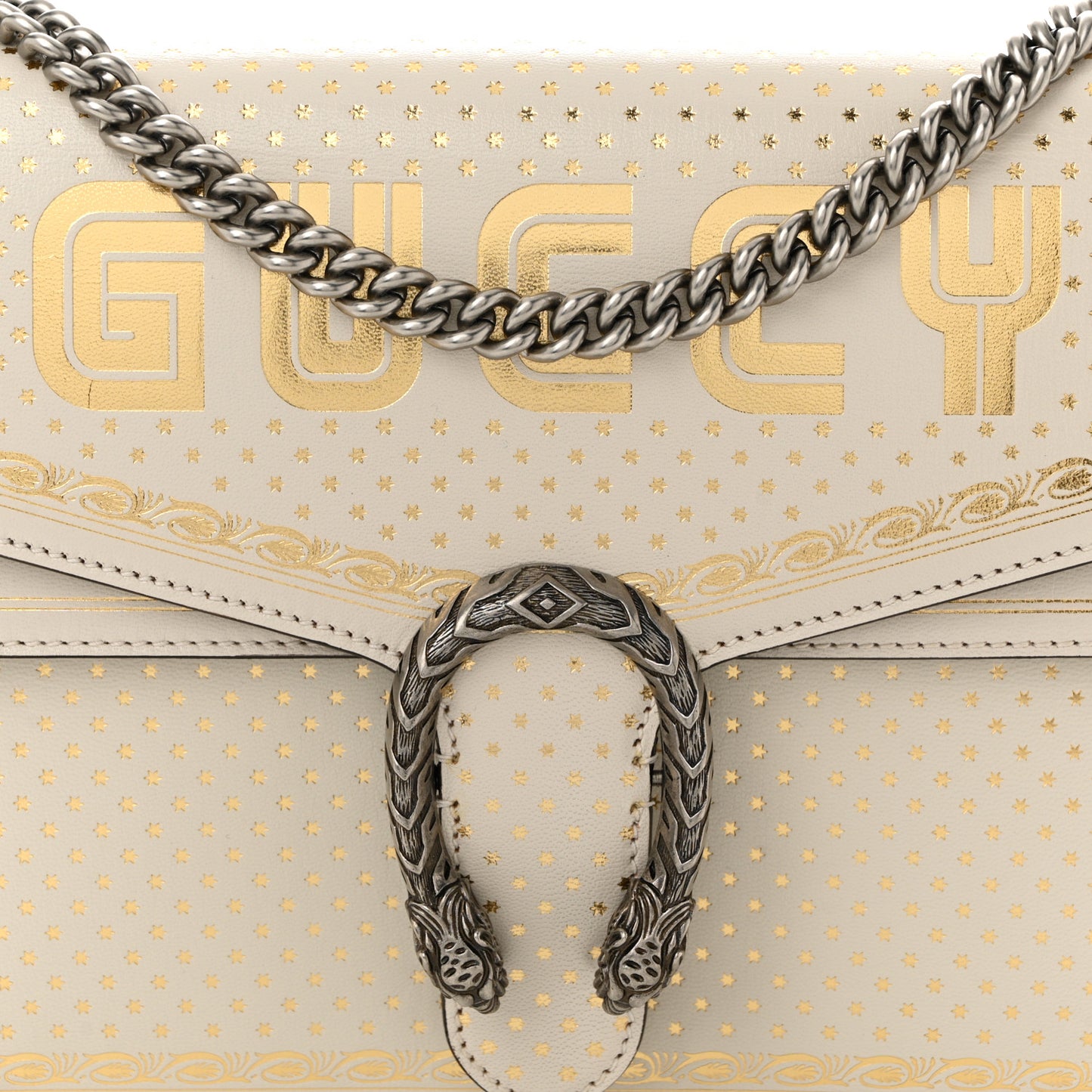 X SEGA Calfskin GUCCY Stars Medium Dionysus Shoulder Bag Mystic White Gold