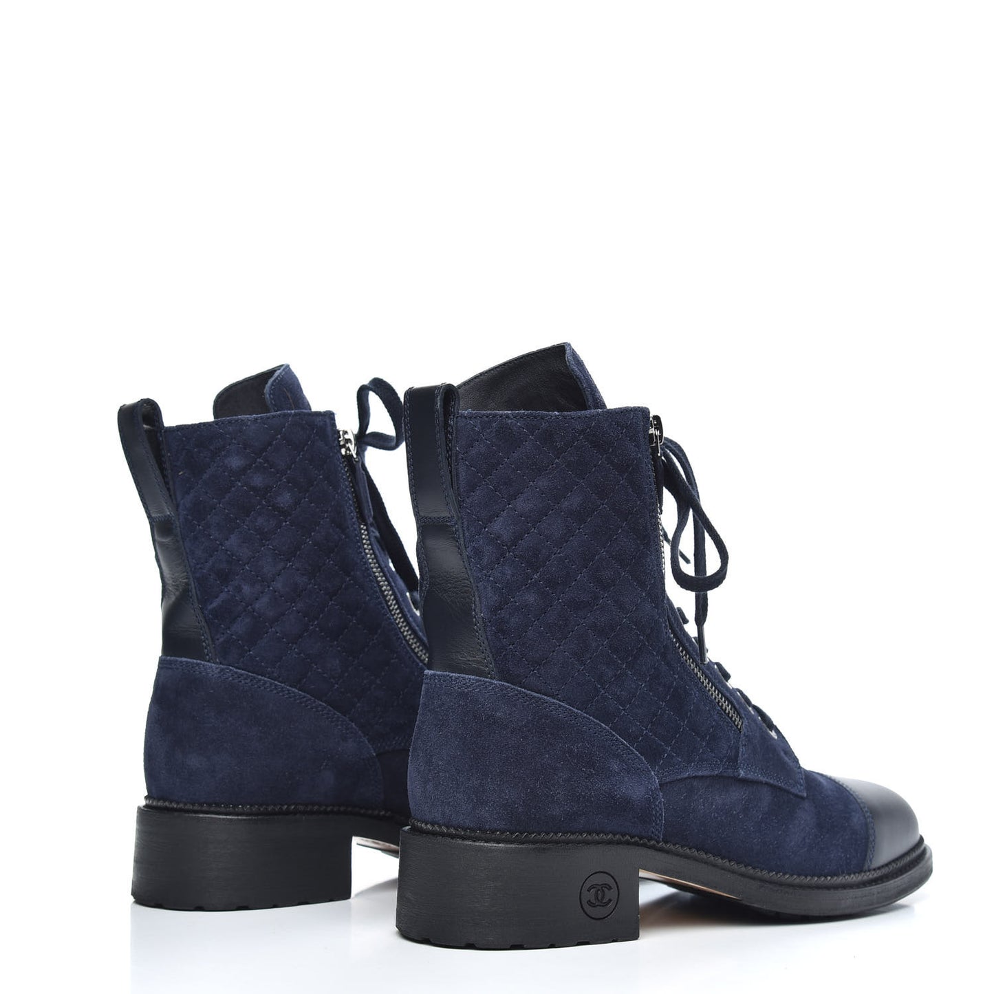 Suede Calfskin Quilted Lace Up Boots 40 Navy