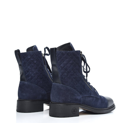 Chanel Suede Calfskin Quilted Lace Up Boots 40 Navy 4 of 8