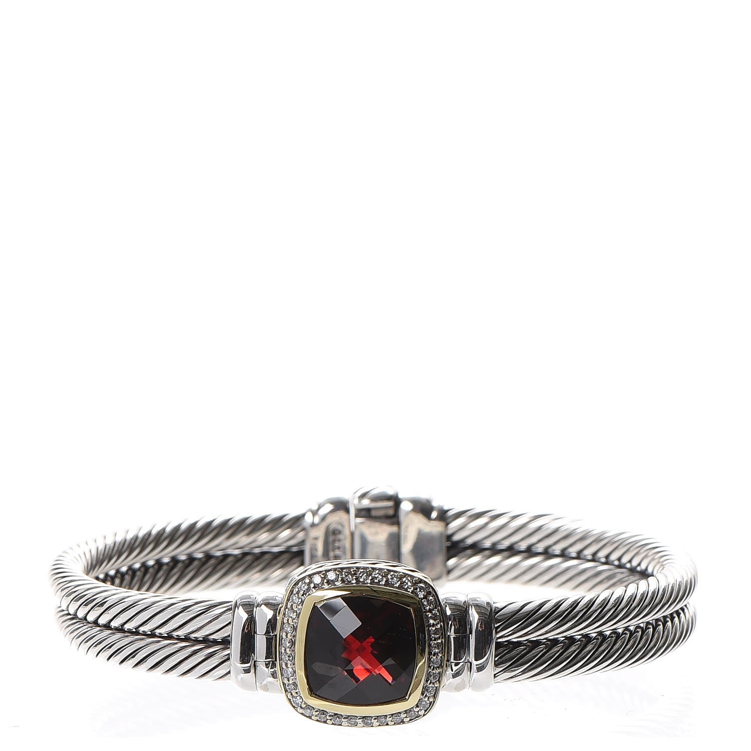 David Yurman Sterling Silver 18K Yellow Gold Diamond Garnet 11mm Albion Double Cable Bracelet 1 of 5