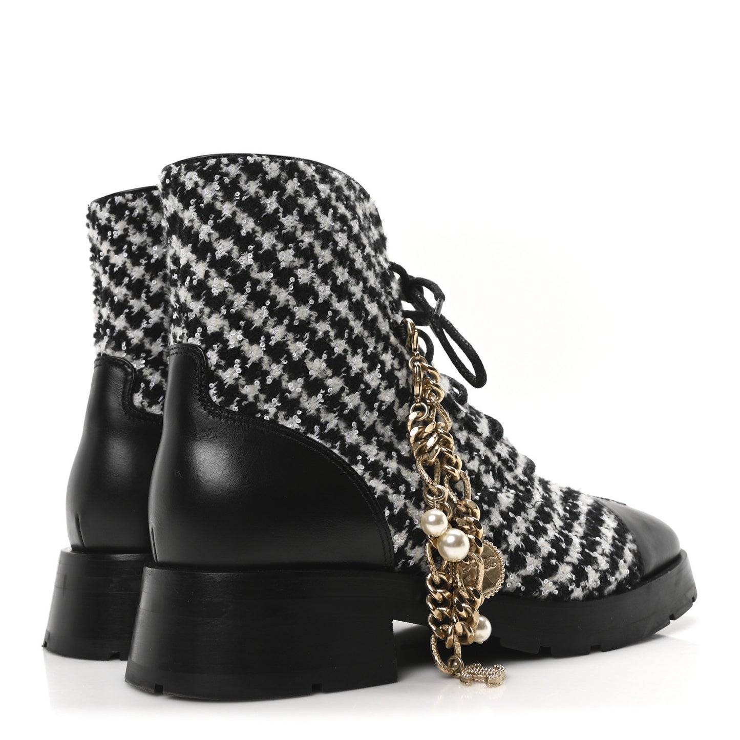 Wool Tweed Calfskin Chain Lace Up Combat Boots 40 Black White