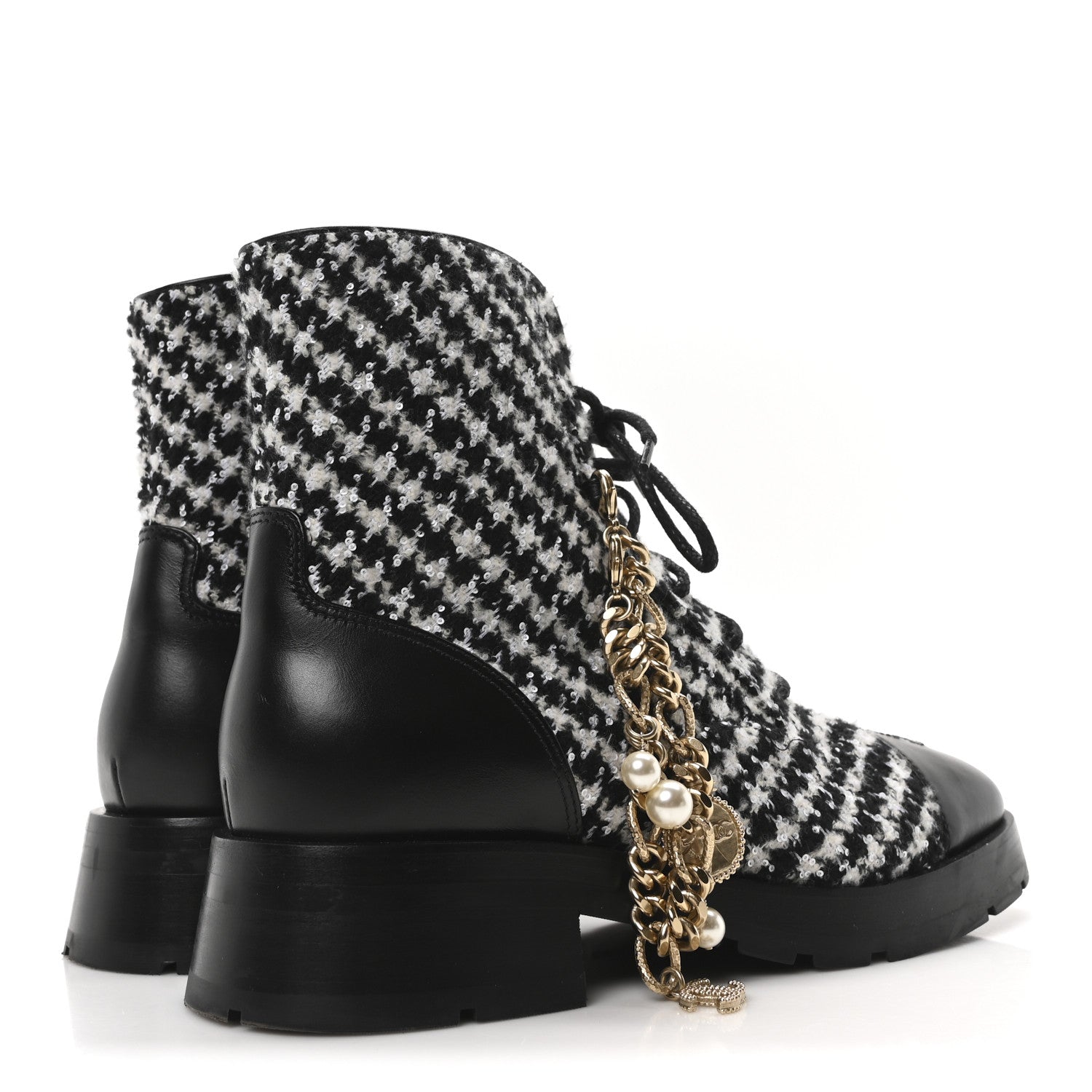 Chanel Wool Tweed Calfskin Chain Lace Up Combat Boots 40 Black White 5 of 11
