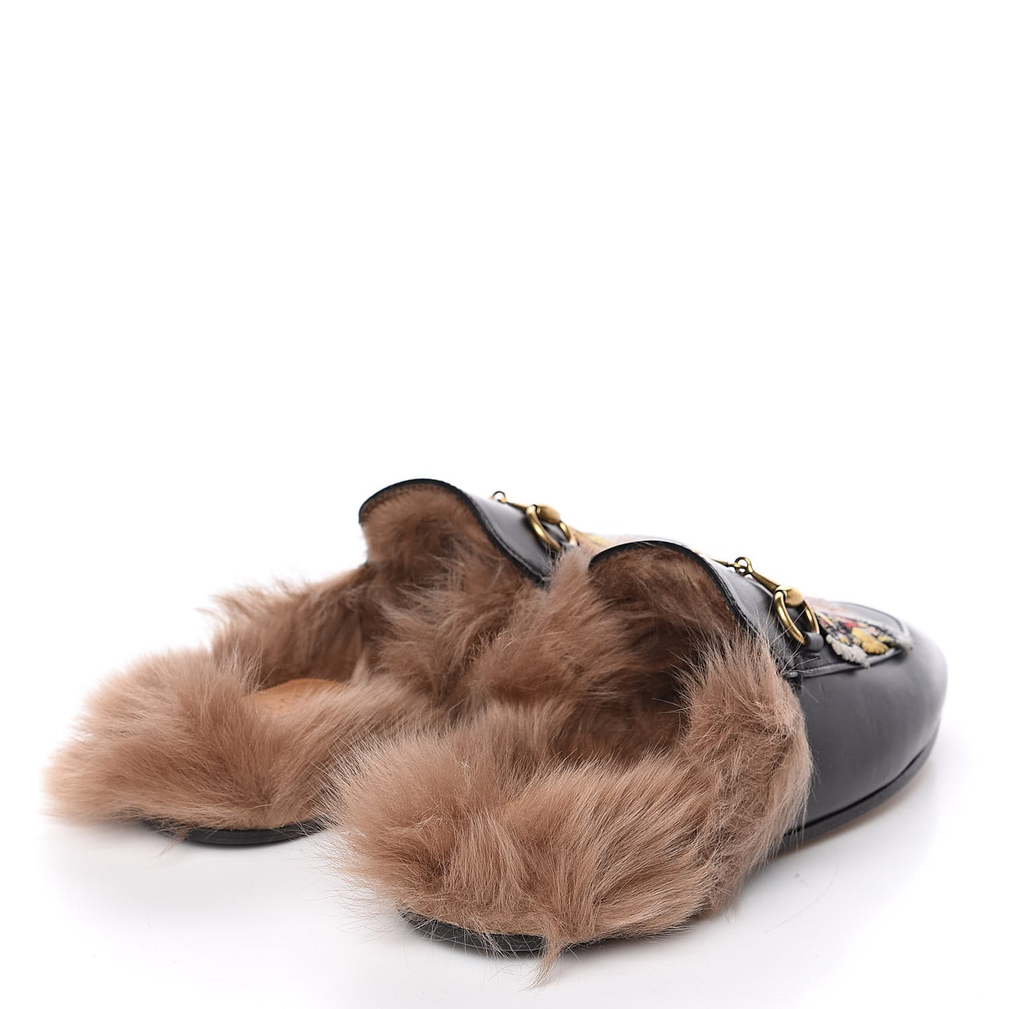 Calfskin Lambswool Tiger Embroidered Womens Princetown Slippers 35 Black