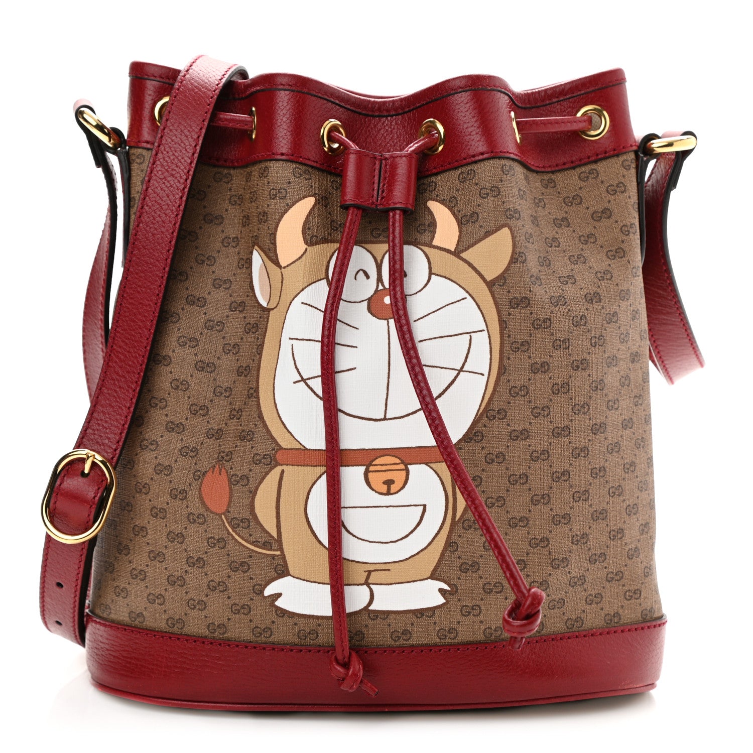 Gucci X DORAEMON Vintage GG Supreme Monogram Small Bucket Bag Beige Cherry Red 1 of 11