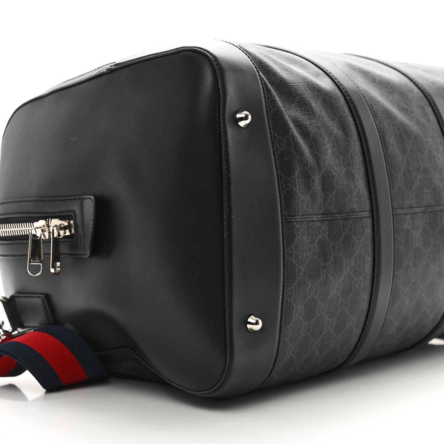 Soft GG Supreme Monogram Appia Calfskin Web Large Carry On Duffle Bag Black Grey