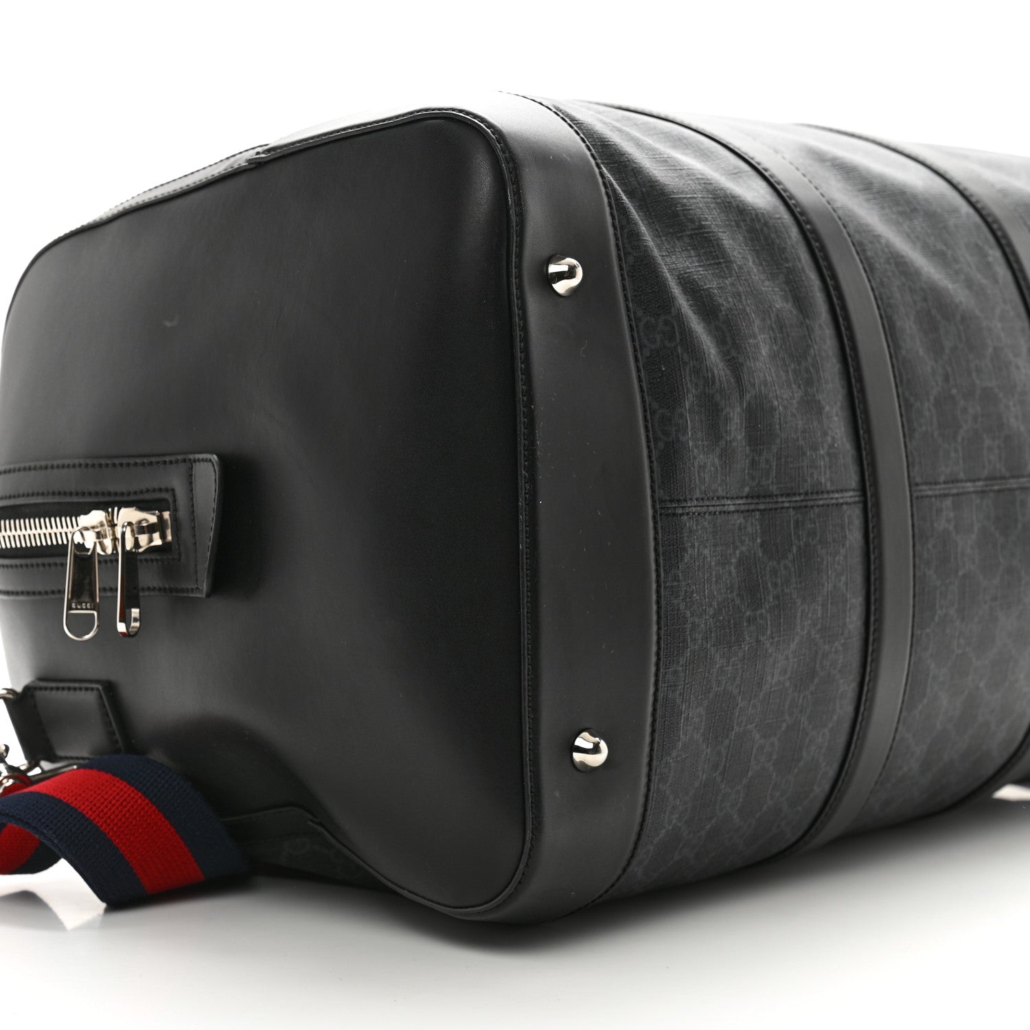 Gucci Soft GG Supreme Monogram Appia Calfskin Web Large Carry On Duffle Bag Black Grey 8 of 16