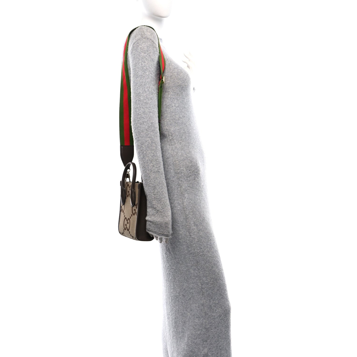 Gucci Monogram Jumbo GG Textured Dollar Calfskin Web Mini Vertical Tote Camel Ebony New Acero 2 of 13
