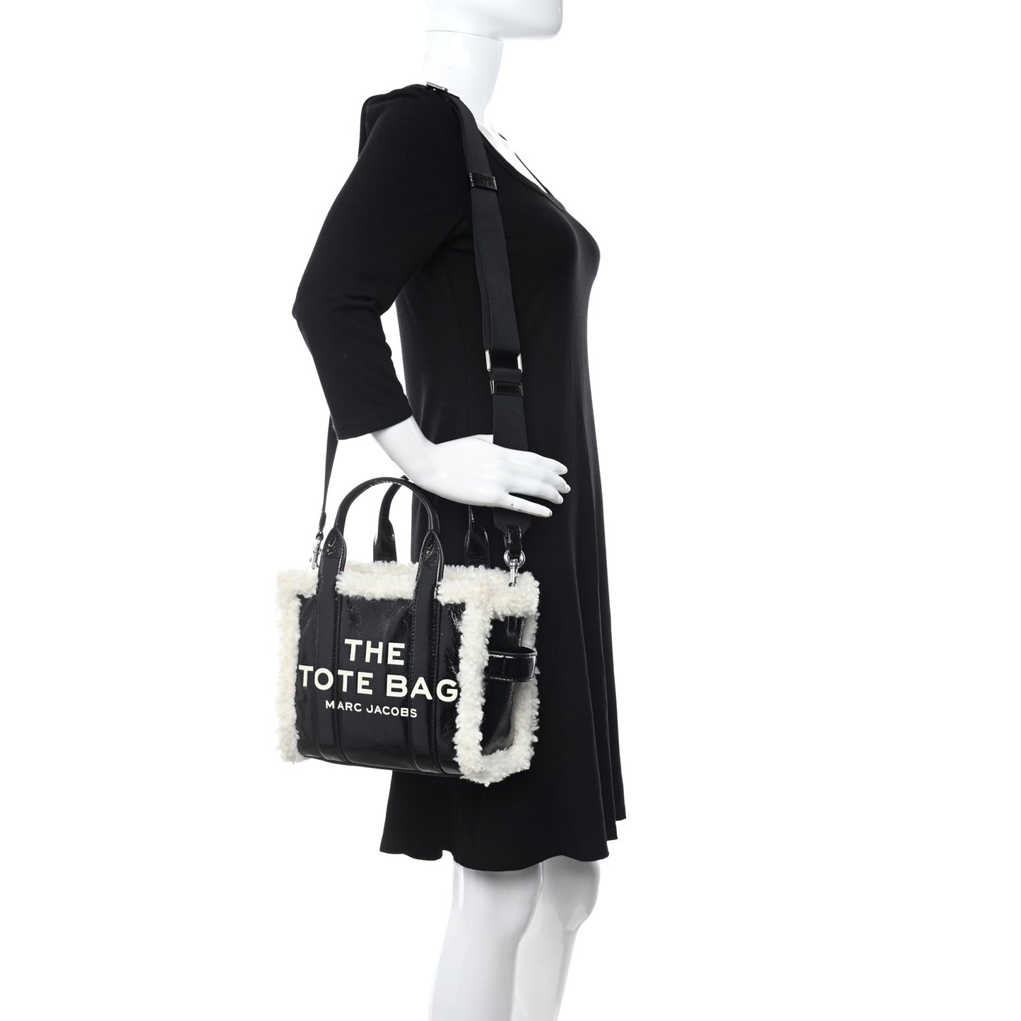Shiny Calfskin Faux Shearling Mini The Traveler Tote Bag Black