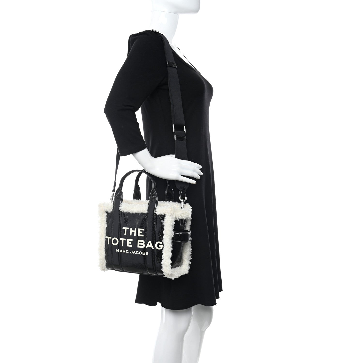 Marc Jacobs Shiny Calfskin Faux Shearling Mini The Traveler Tote Bag Black 2 of 11