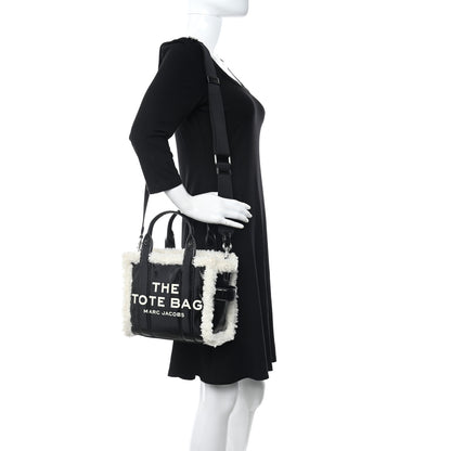 Marc Jacobs Shiny Calfskin Faux Shearling Mini The Traveler Tote Bag Black 2 of 11