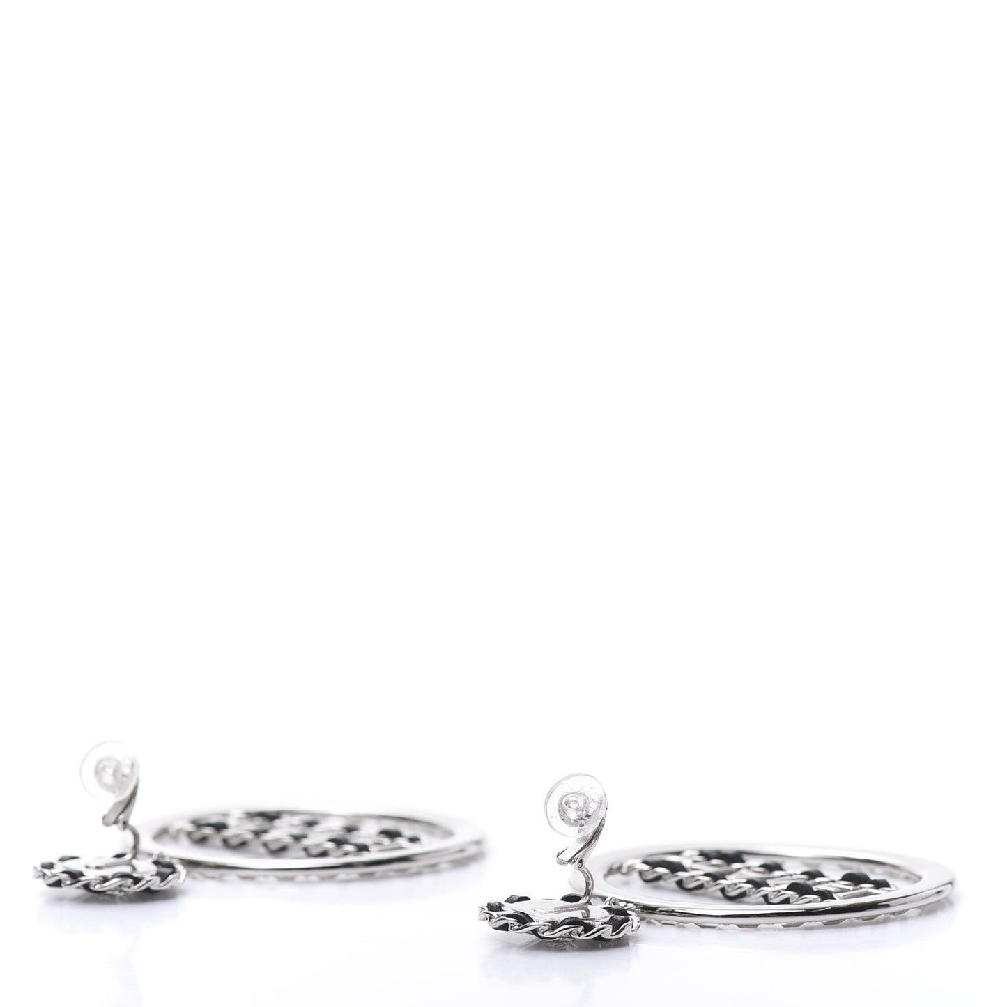 Crystal Lambskin Chain CC Hoop Clip On Earrings Black Silver