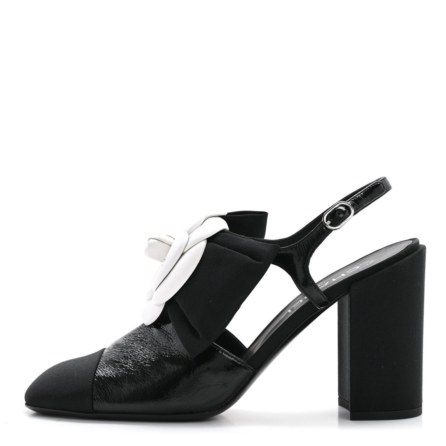 Crumpled Shiny Fabric Grosgrain Cap Toe Camellia Bow Slingback Pumps 40 Black