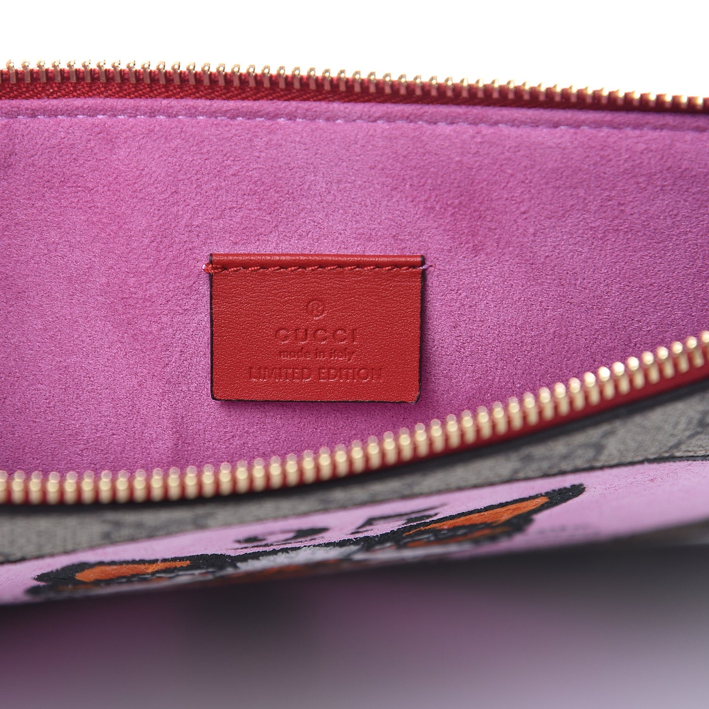 GG Supreme Monogram Bosco Patch Zip Pouch Beige Malva Hibiscus Red