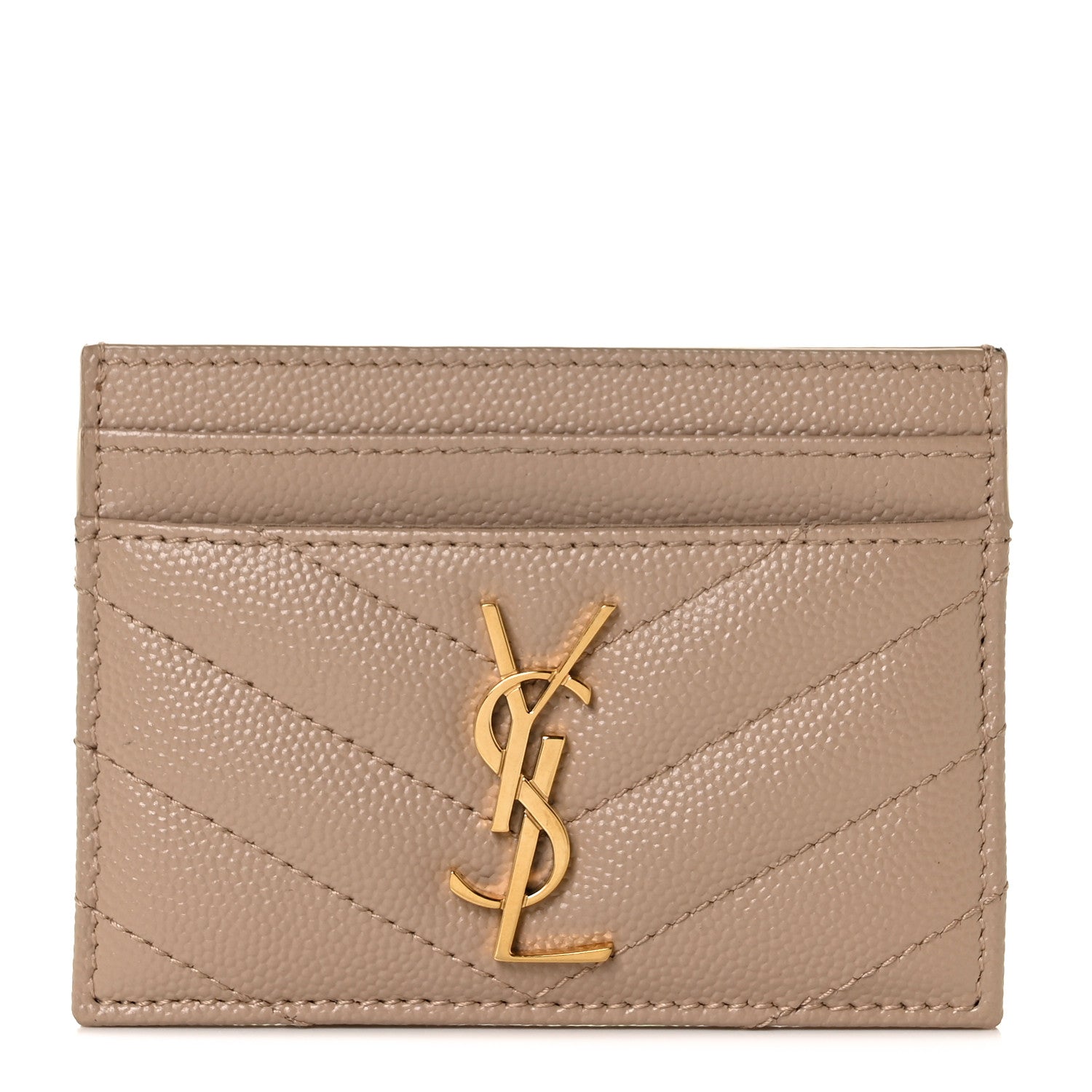 Saint Laurent Grain De Poudre Matelasse Chevron Monogram Credit Card Case Dark Beige 1 of 8