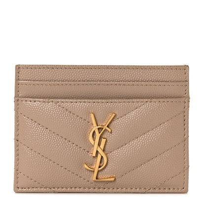 Saint Laurent Grain De Poudre Matelasse Chevron Monogram Credit Card Case Dark Beige 1 of 8