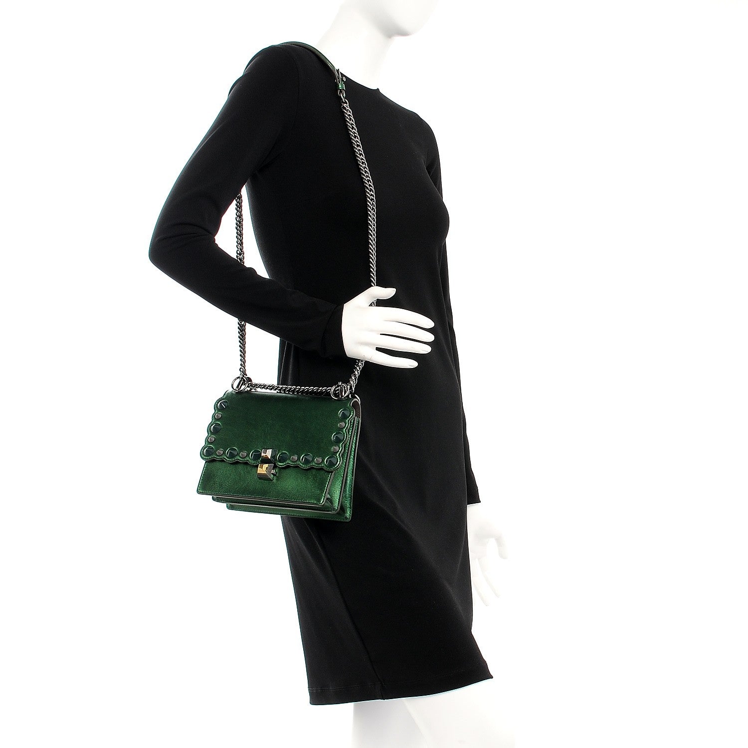 Fendi Vitello Catalan Mirror Scalloped Multi Studded Small Kan I Shoulder Bag Green 2 of 7