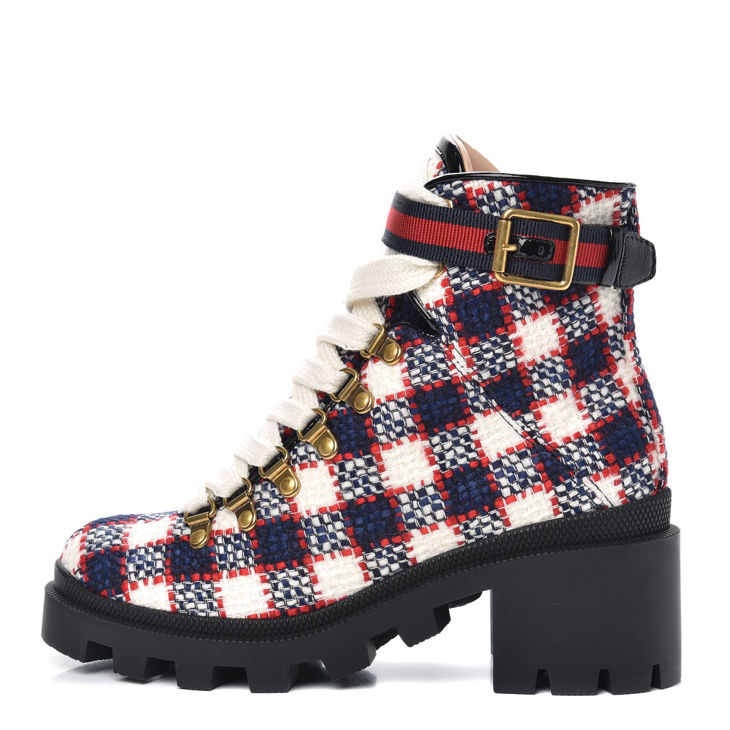 Gucci Vintage Tweed Check Lace Up Combat Ankle Boots 35.5 White Hibiscus Red Marine 1 of 8