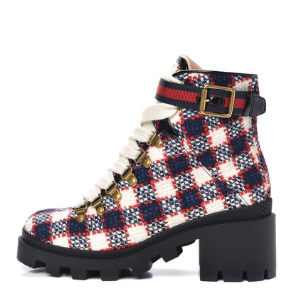 Gucci Vintage Tweed Check Lace Up Combat Ankle Boots 35.5 White Hibiscus Red Marine 1 of 8