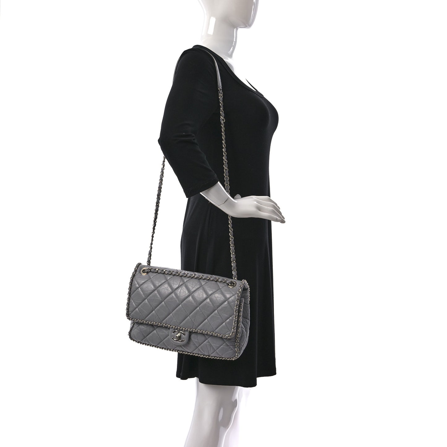 Crumpled Calfskin Large Chain All Over Flap Grey