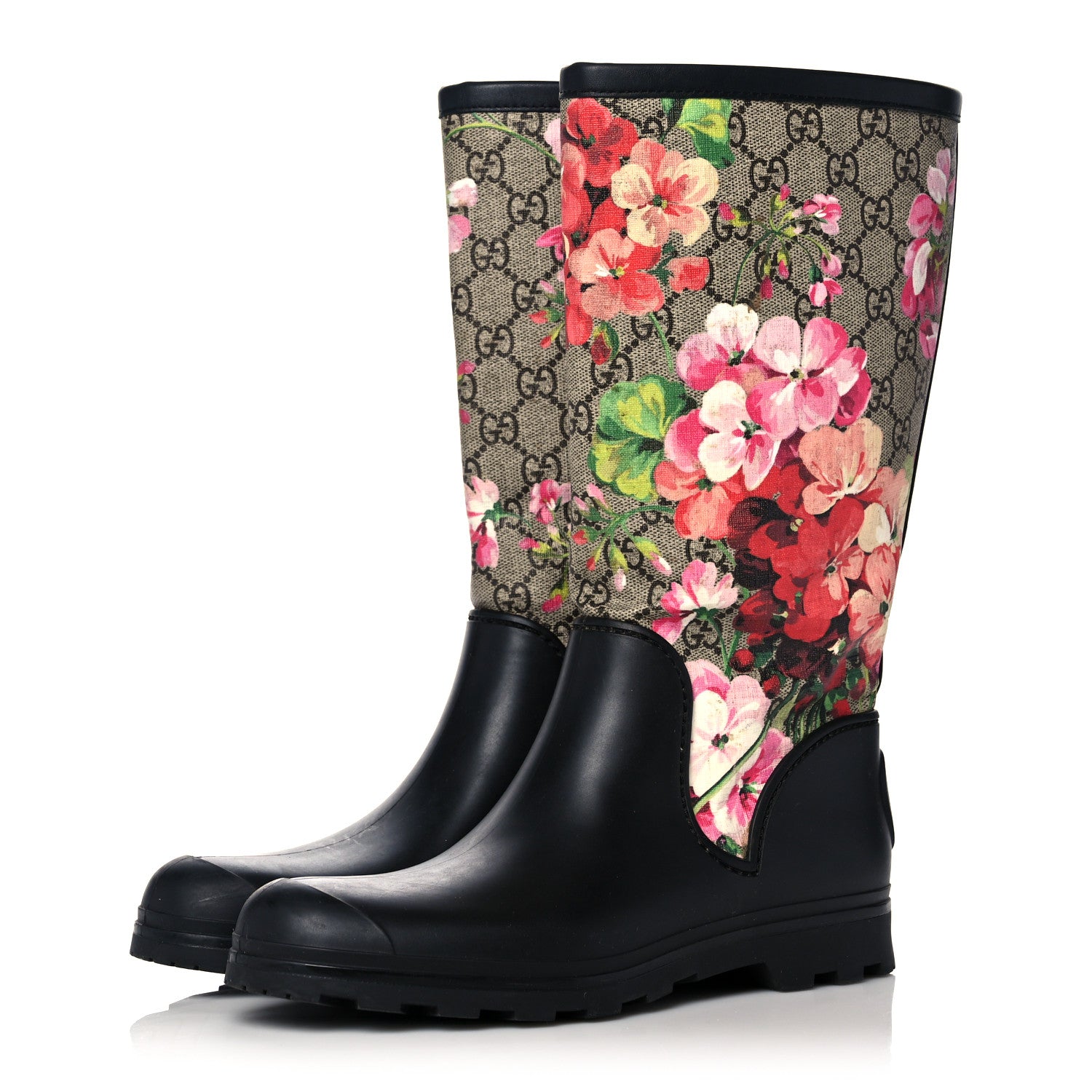 Gucci GG Supreme Monogram Blooms Flat Rubber Boots 37 Beige Multicolor 3 of 12