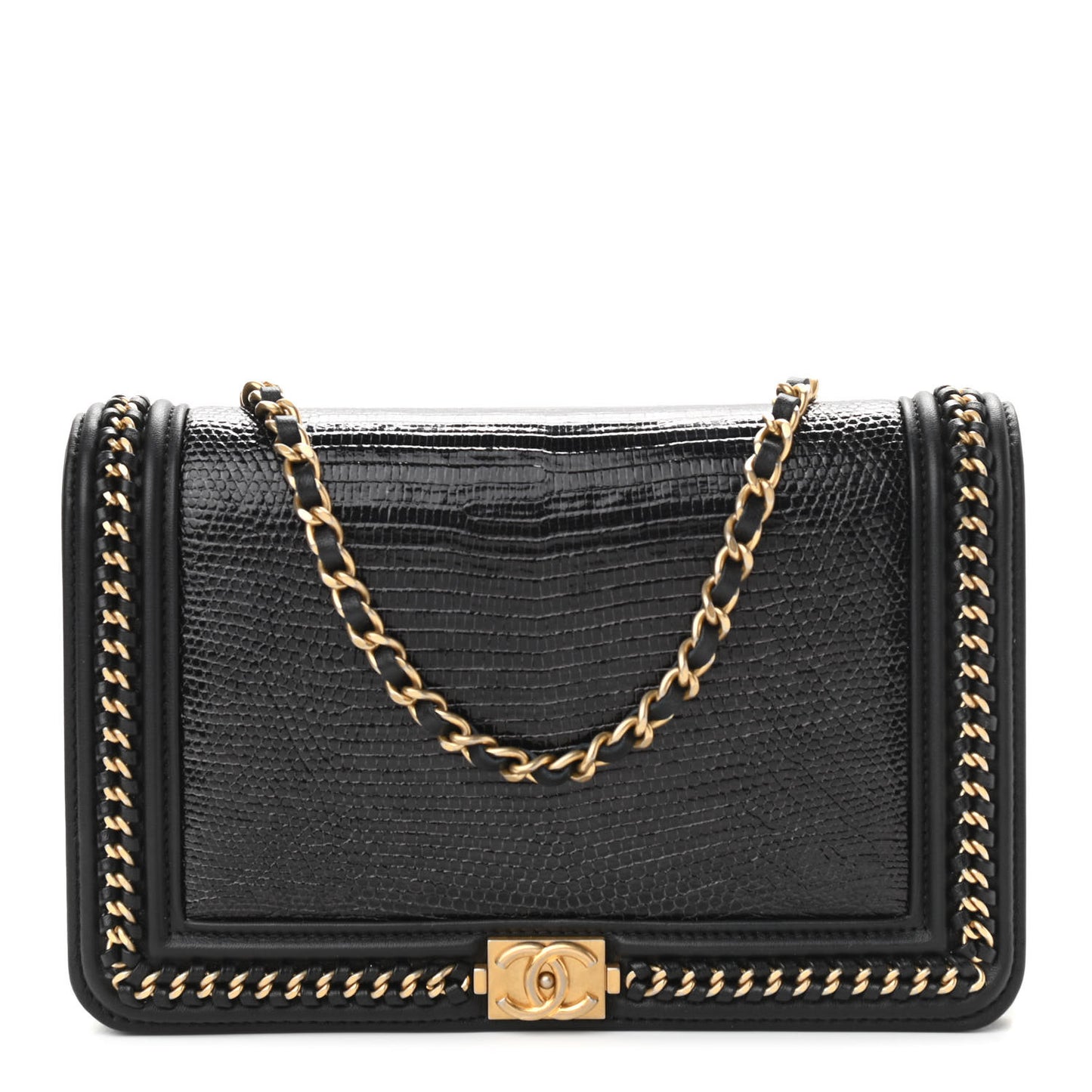 Lizard Lambskin Chain Around Boy Wallet on Chain WOC Black