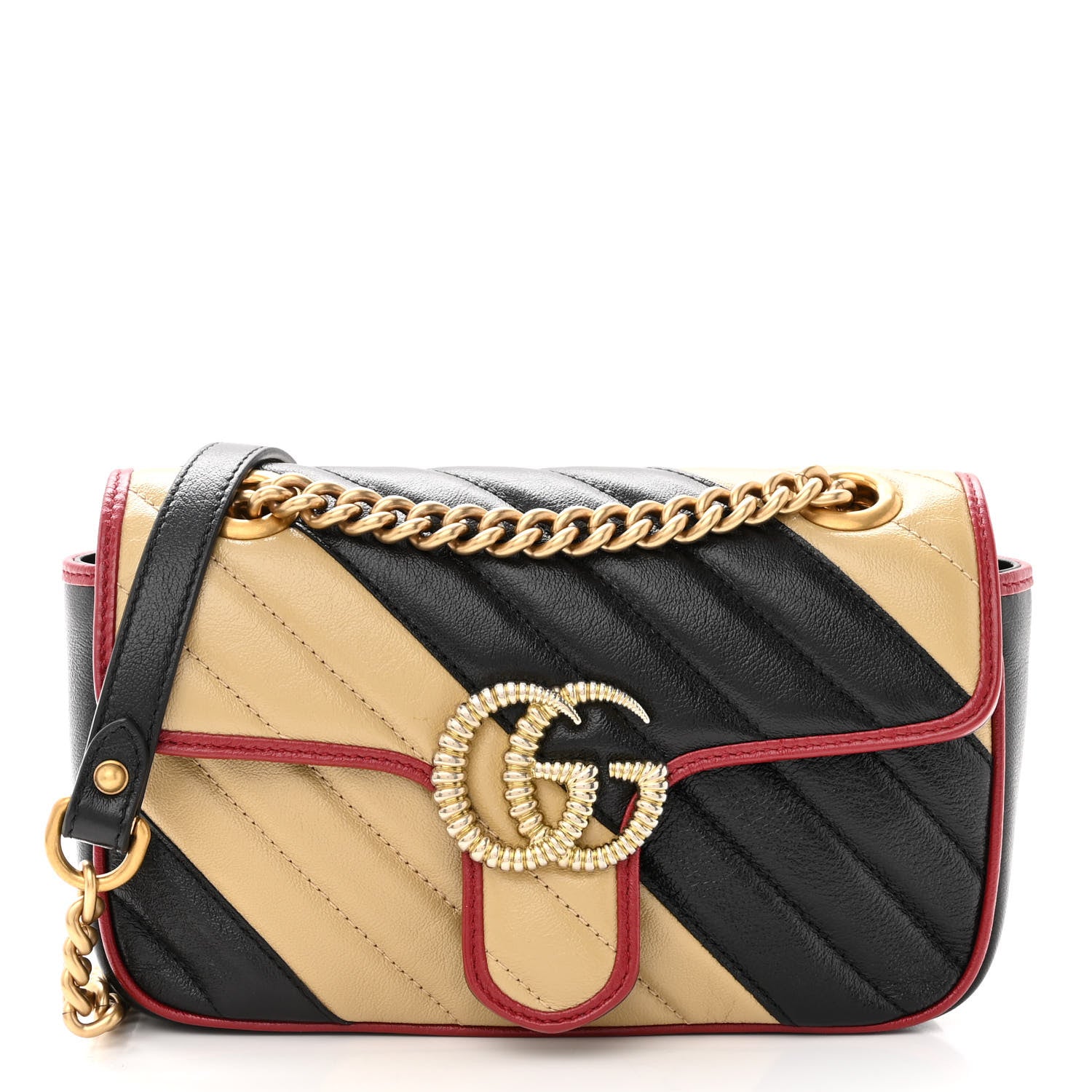Gucci Vintage Effect Calfskin Matelasse Diagonal Striped Super Mini Torchon GG Marmont Shoulder Bag Black Beige 1 of 10