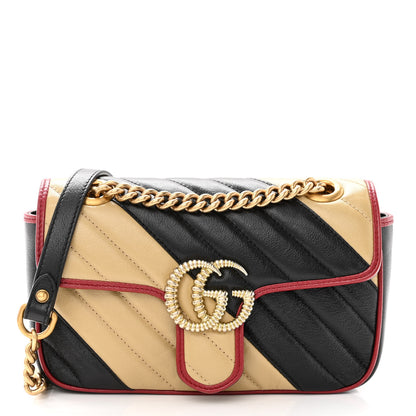 Gucci Vintage Effect Calfskin Matelasse Diagonal Striped Super Mini Torchon GG Marmont Shoulder Bag Black Beige 1 of 10