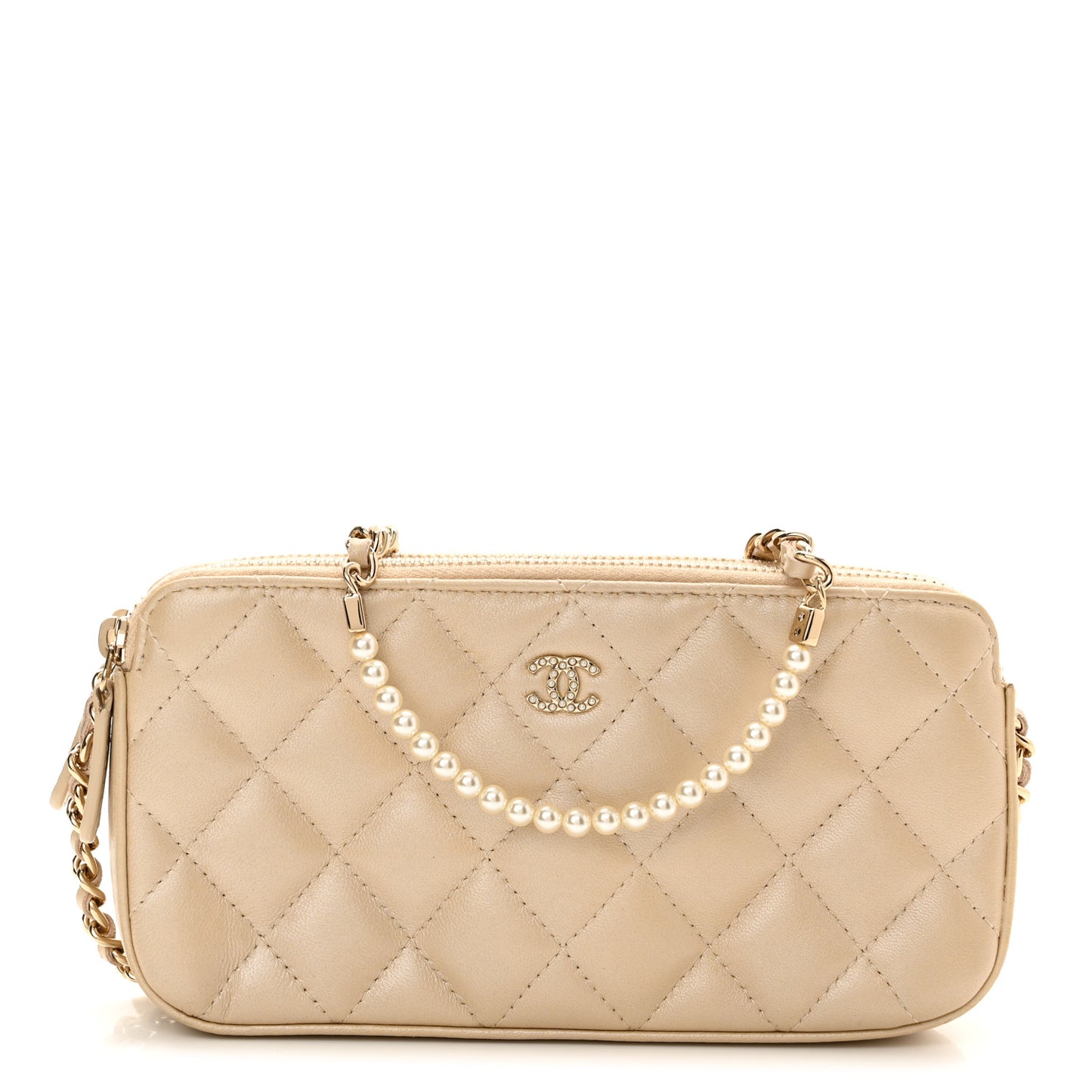 Iridescent Lambskin Quilted Pearl Clutch With Chain Beige