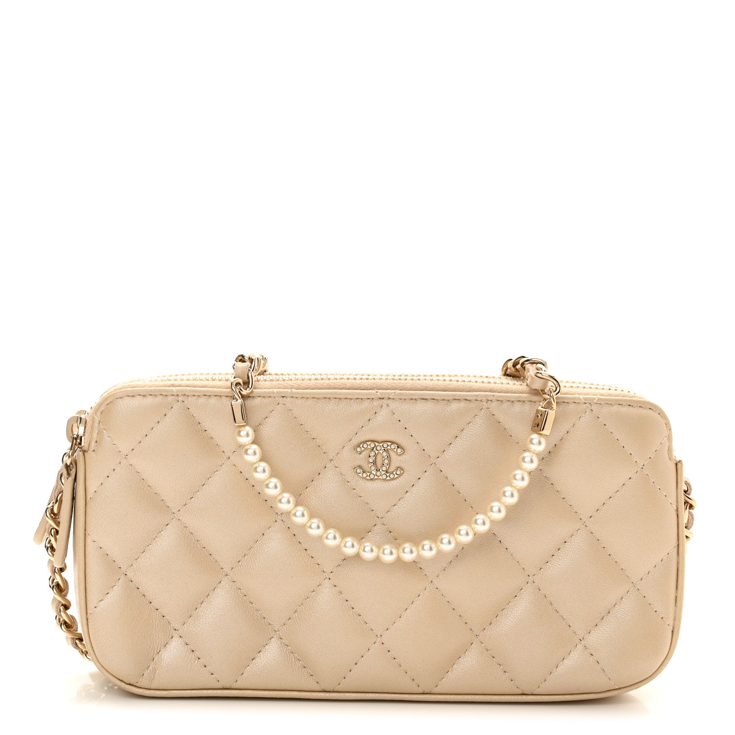 Chanel Iridescent Lambskin Quilted Pearl Clutch With Chain Beige 1 of 14