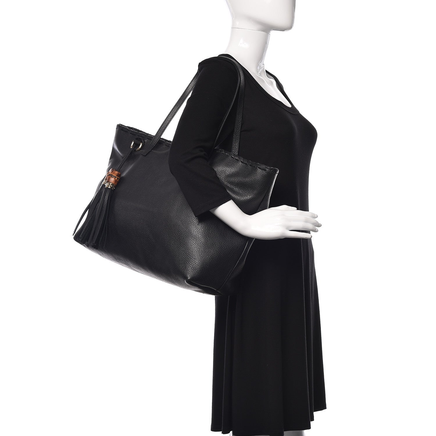 Gucci Pebbled Calfskin Large Bamboo Tassel Tote Black 2 of 10