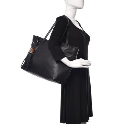 Gucci Pebbled Calfskin Large Bamboo Tassel Tote Black 2 of 10