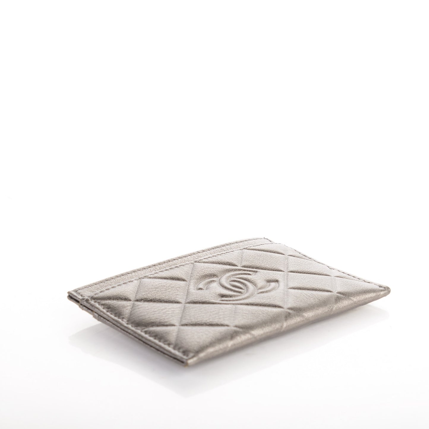 Metallic Calfskin Quilted Diamond CC Card Holder Pewter