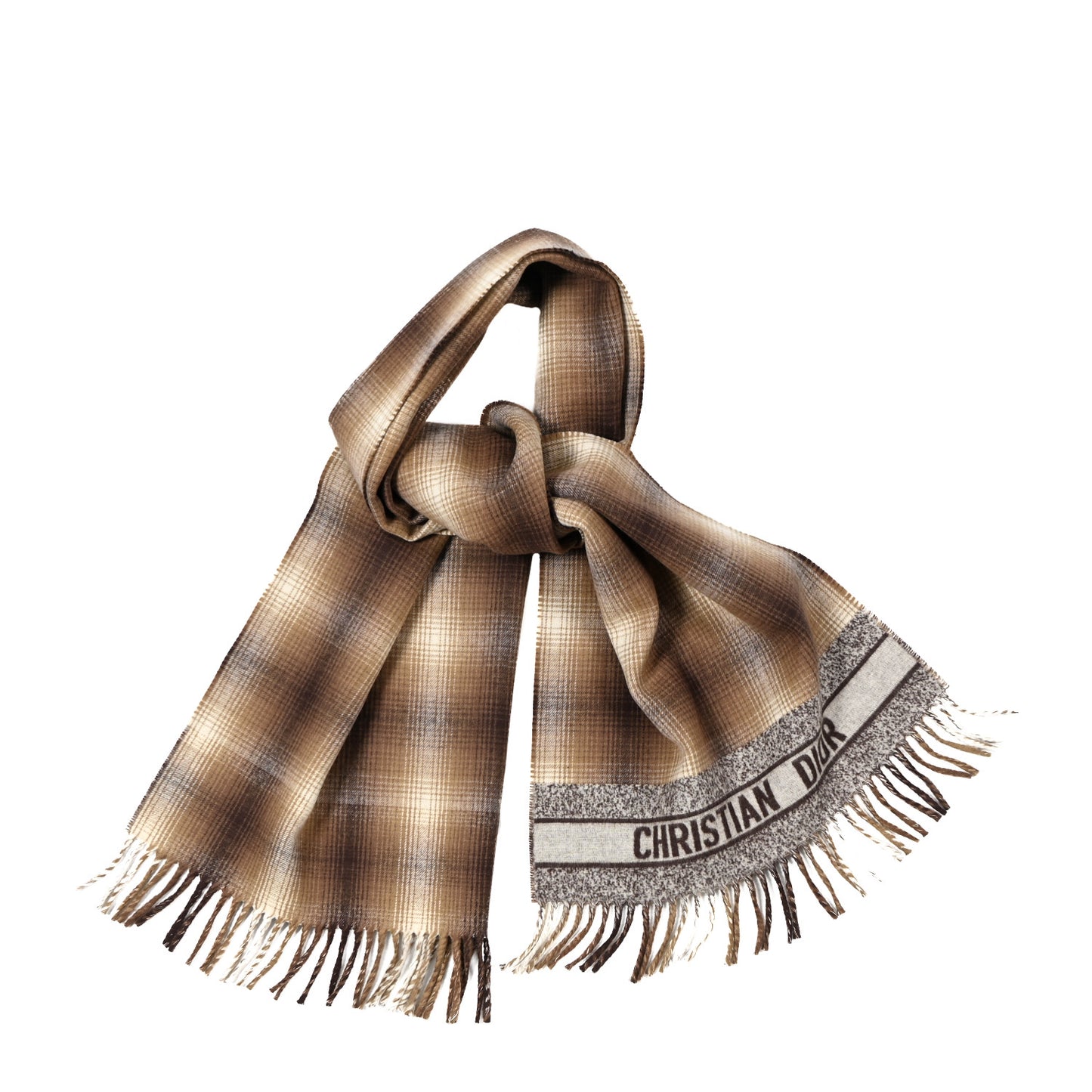 Wool Silk Blend Plaid Fringe Scarf Brown